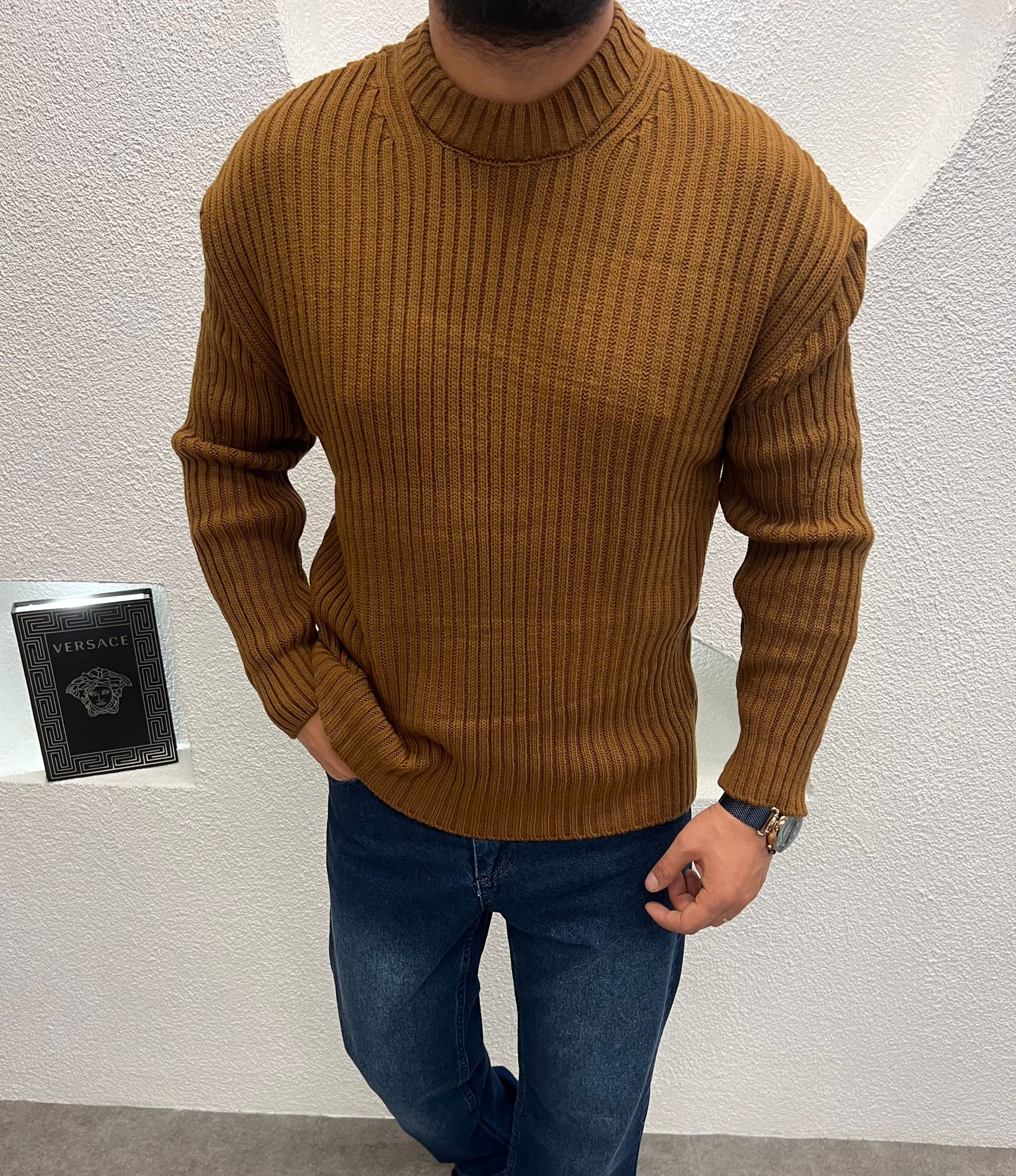 Bisiklet Yaka Kalın Triko Kazak Taba