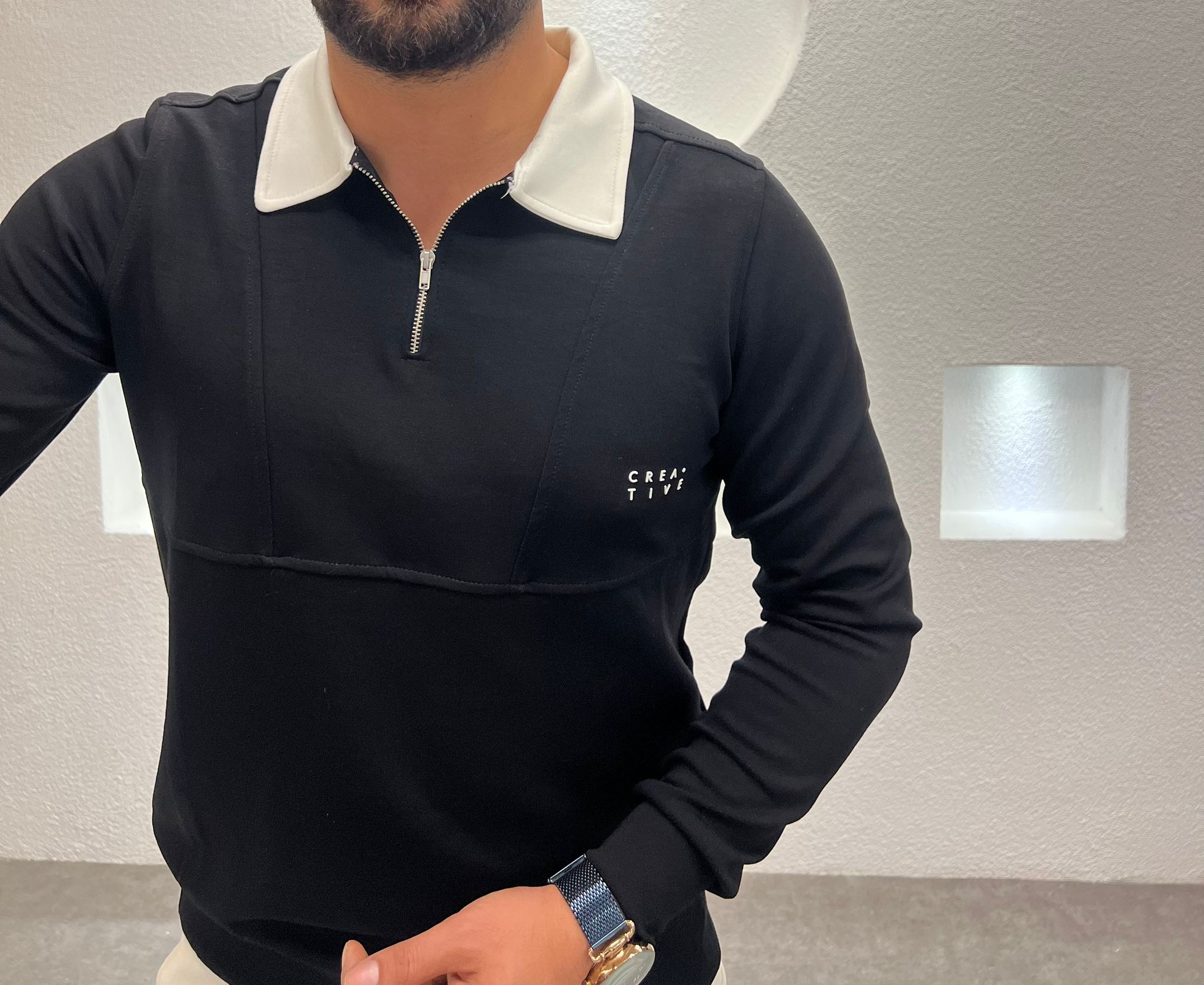 Polo Yaka Fermuarlı Pamuk Sweatshirt - Siyah