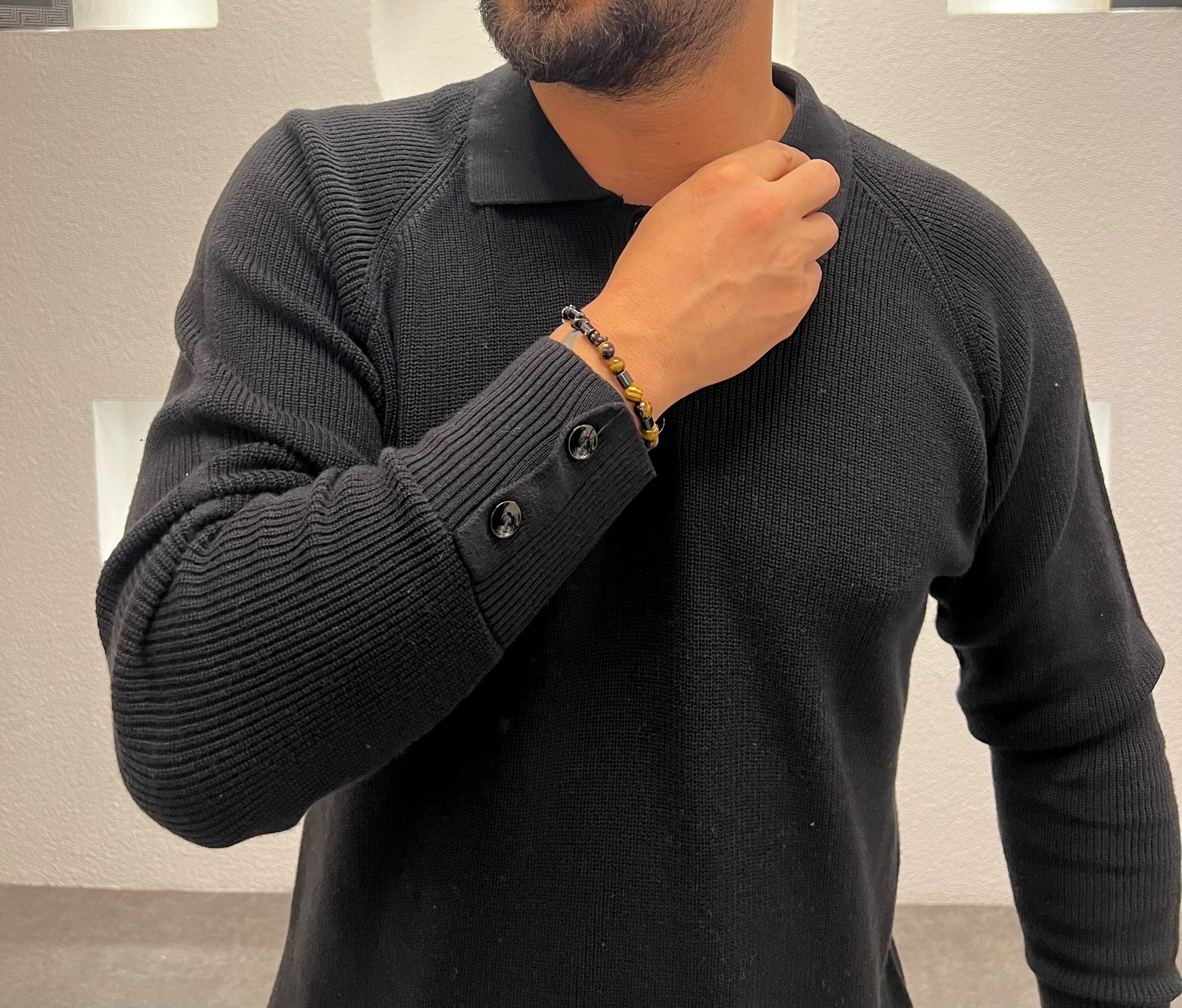 Erkek Regular Fit Düğme Detaylı Pola Yaka Triko Kazak - Siyah