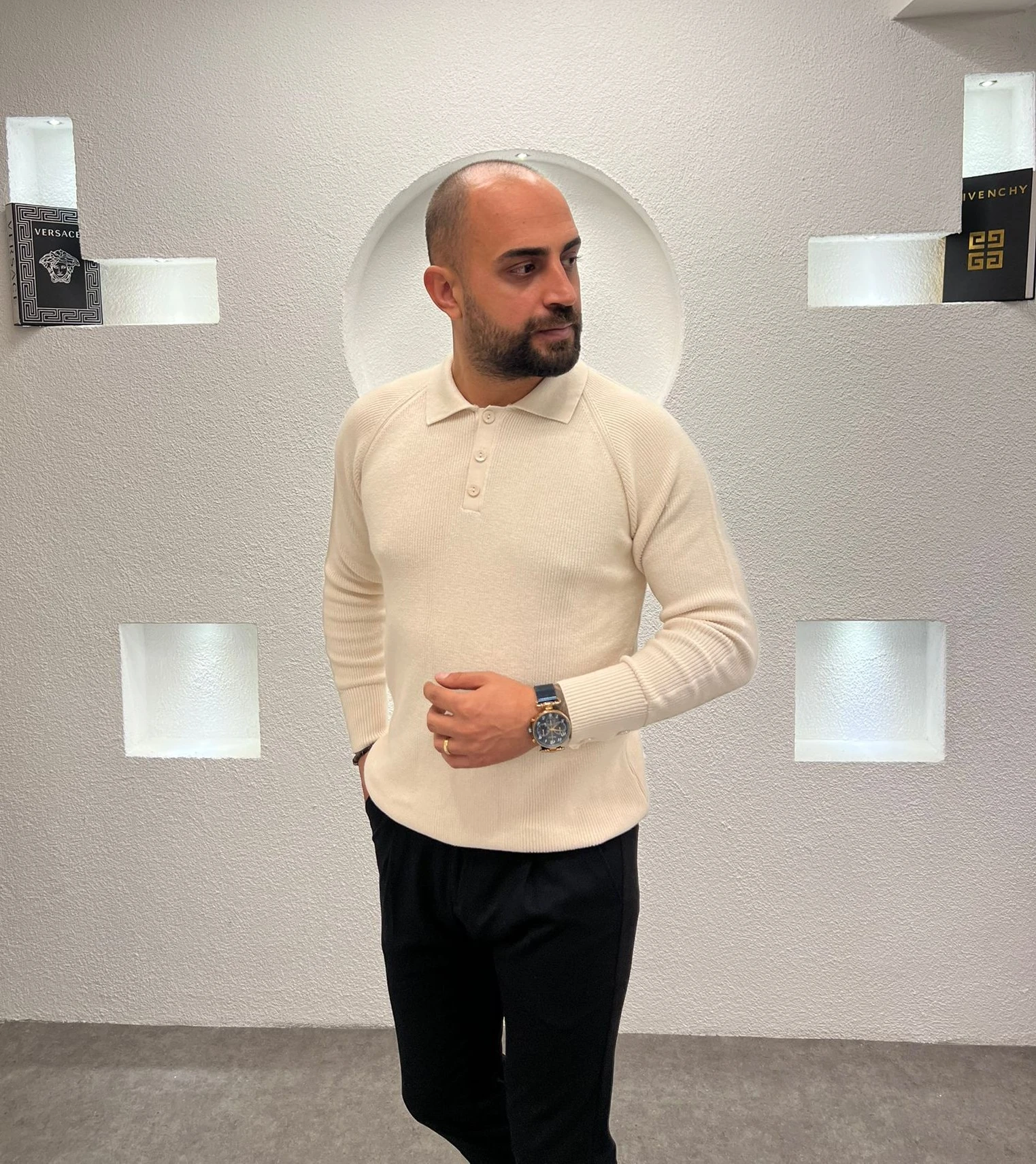 Erkek Regular Fit Düğme Detaylı Pola Yaka Triko Kazak - Krem