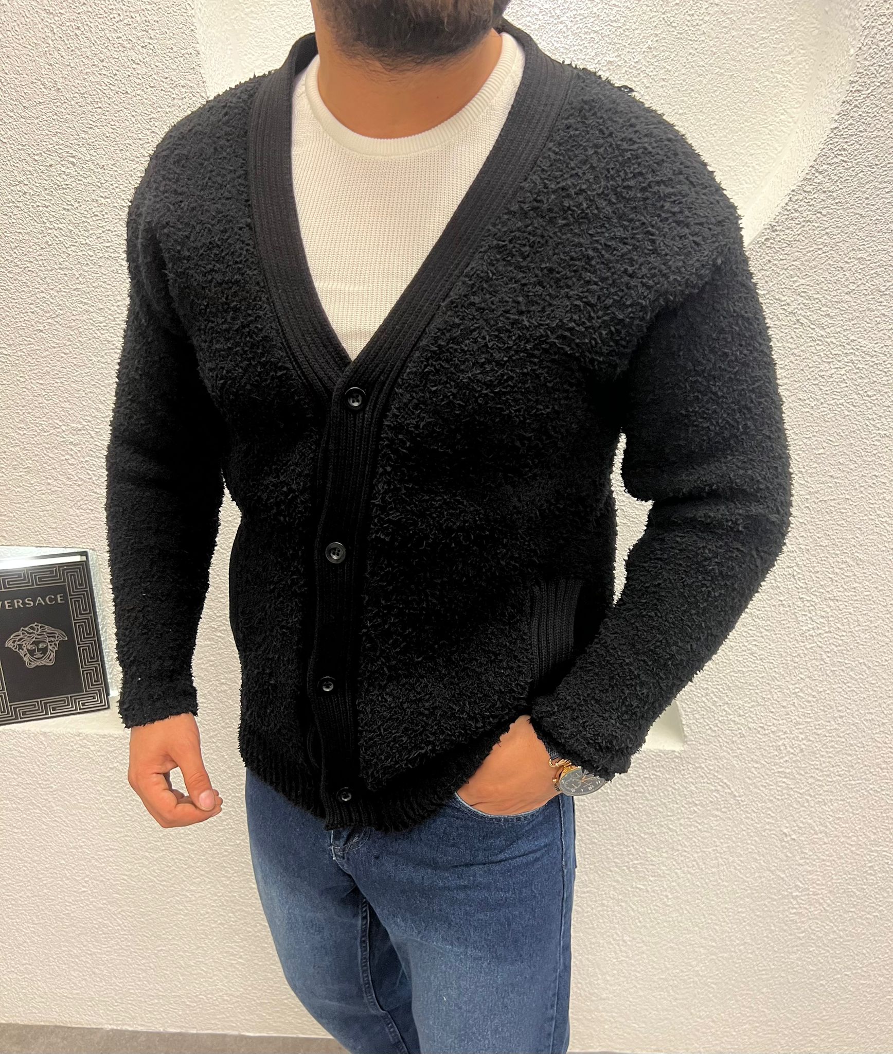 Peluş Kumaş Ön Kapamalı Kalın Erkek Hırka Siyah