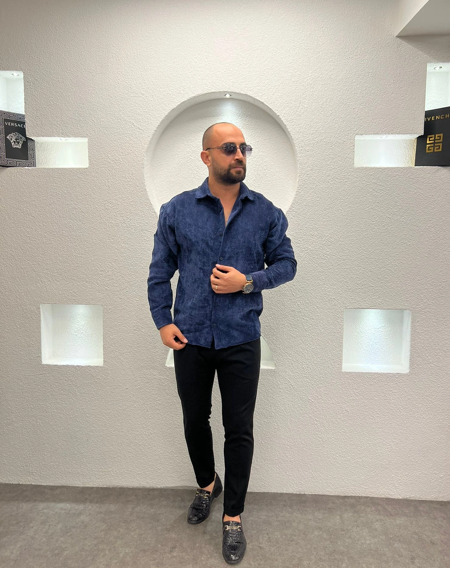 Erkek Oversize Lacivert Kadife Dokulu Uzun Kollu Gömlek 