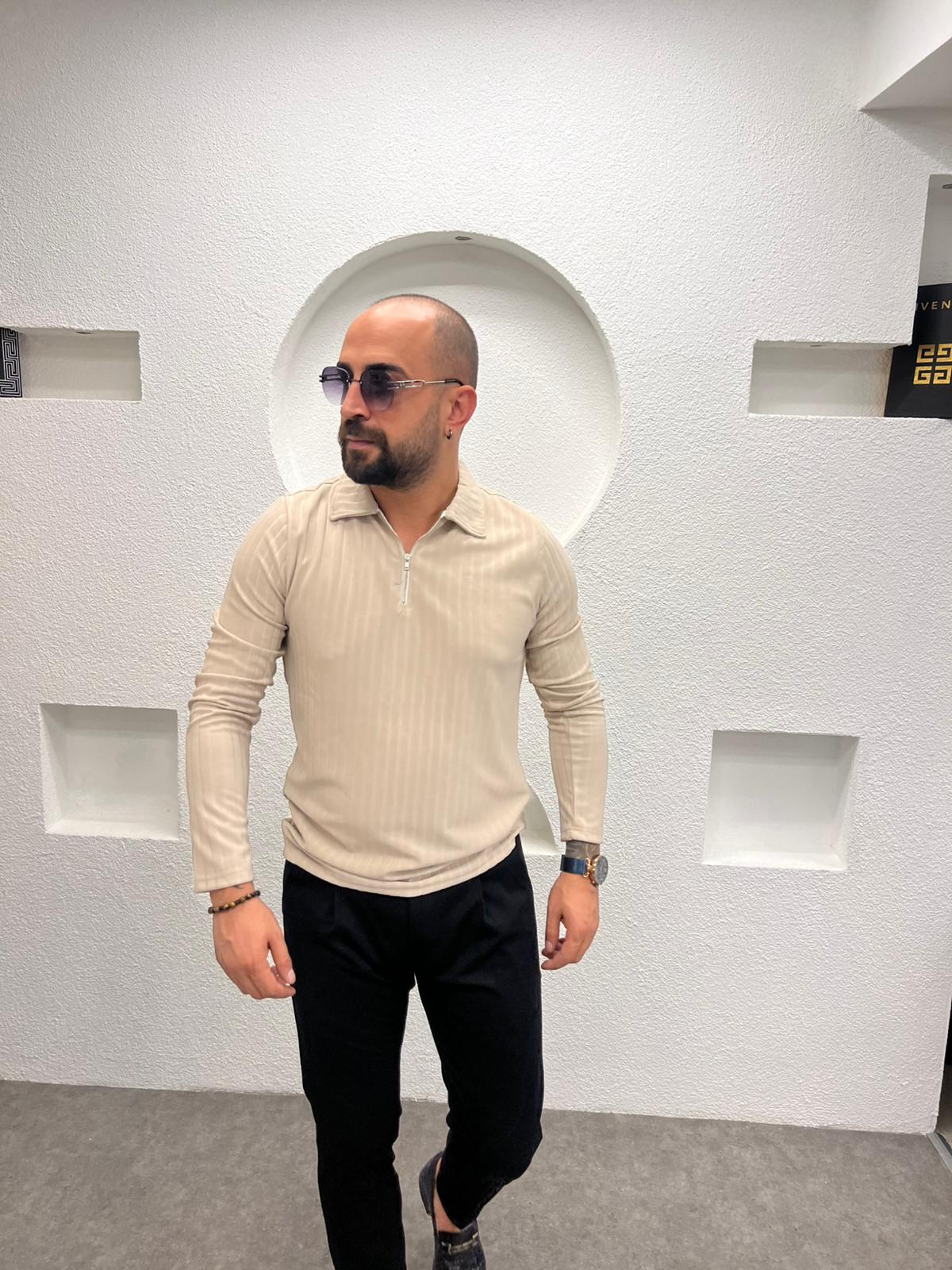 Polo Yaka Fermuarlı Erkek Sweatshirt - Krem