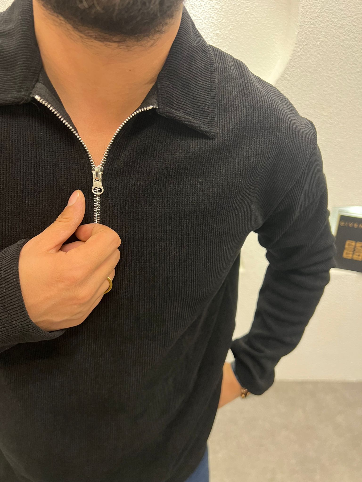 Yarım Fermuar İnce Fİtilli Kadife Kazak Siyah