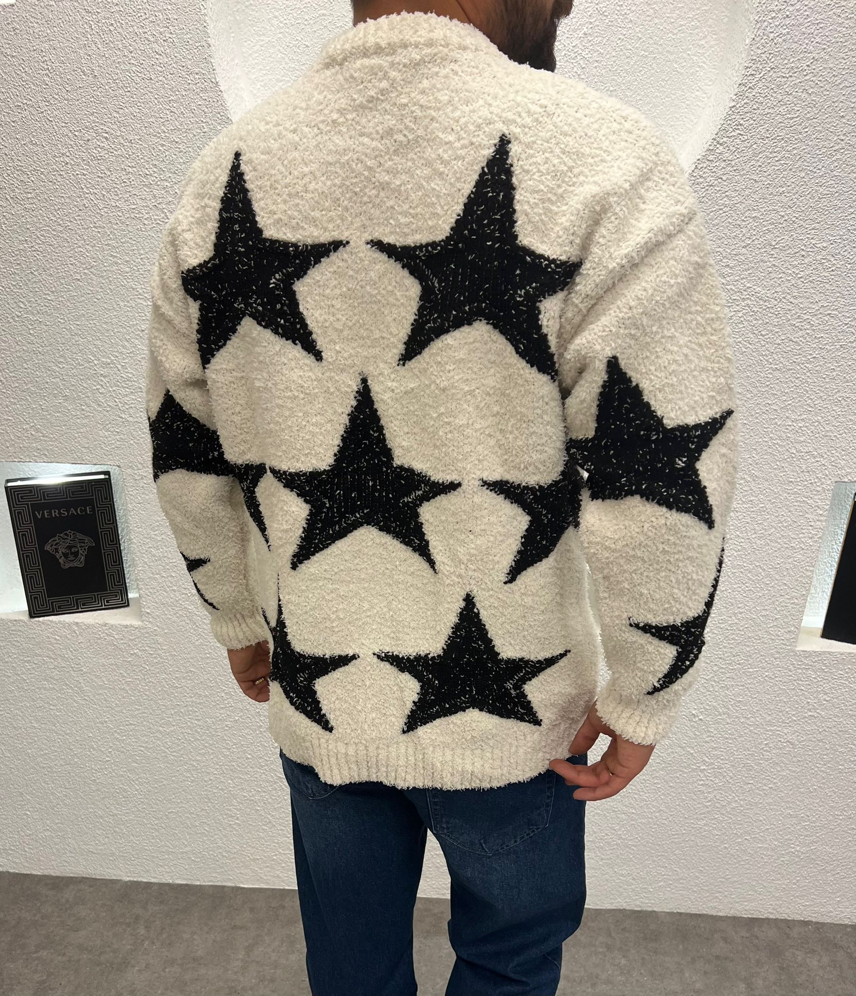 Baskılı Peluş Kumaş Kalın Erkek Kazak