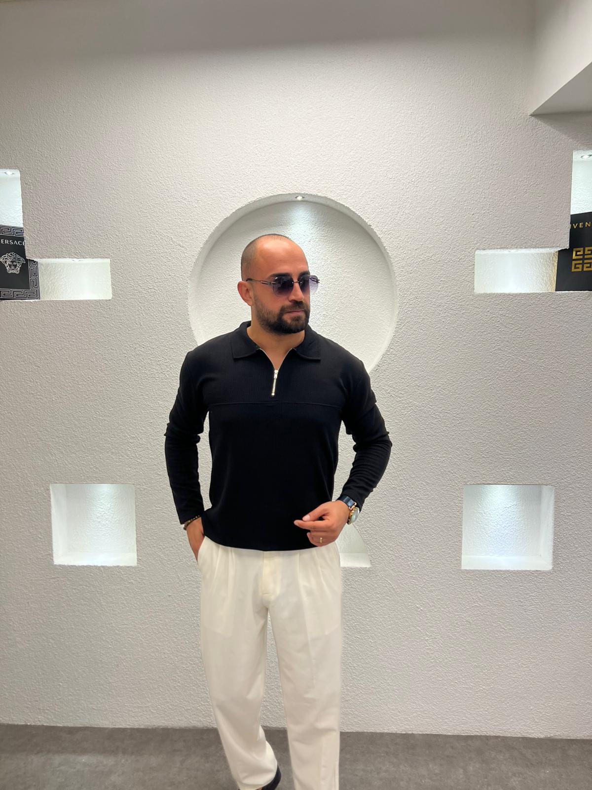 Fit Kalıp Uzun Kol Yarım Fermuarlı ince Likralı Kazak Body - Siyah