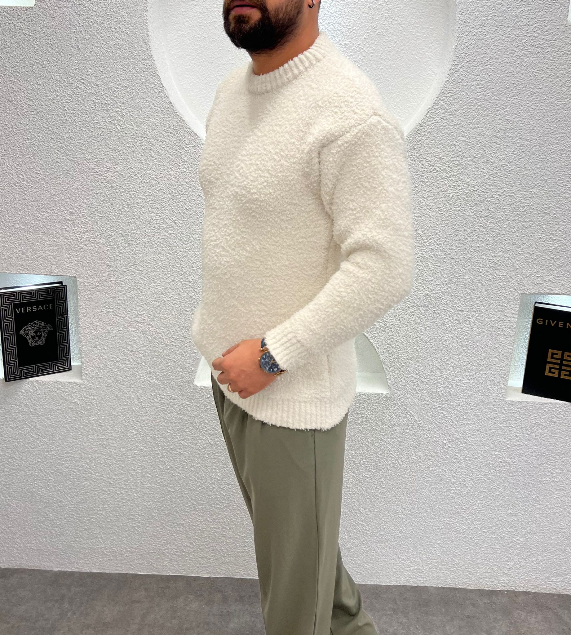 Erkek Kışlık Peluş Kazak Krem