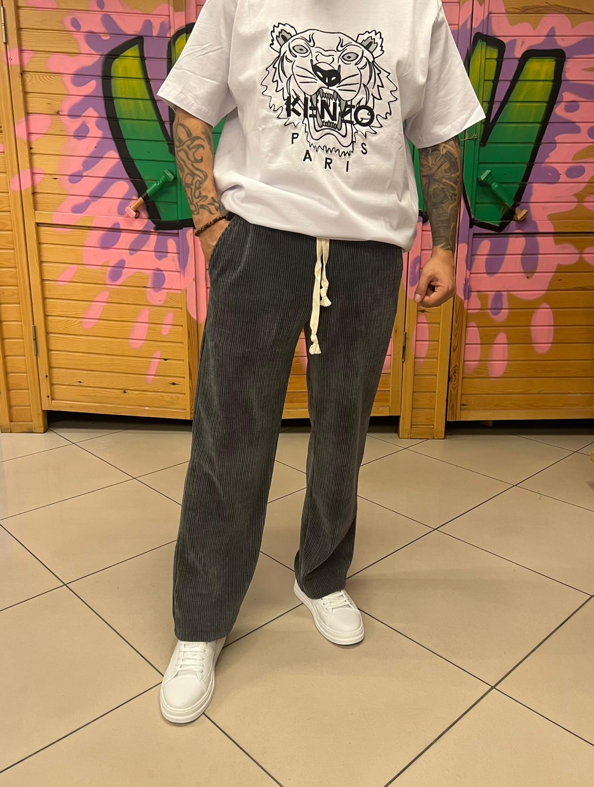 Kadife Kumaş Gri Pantolon Baggy Kalıp