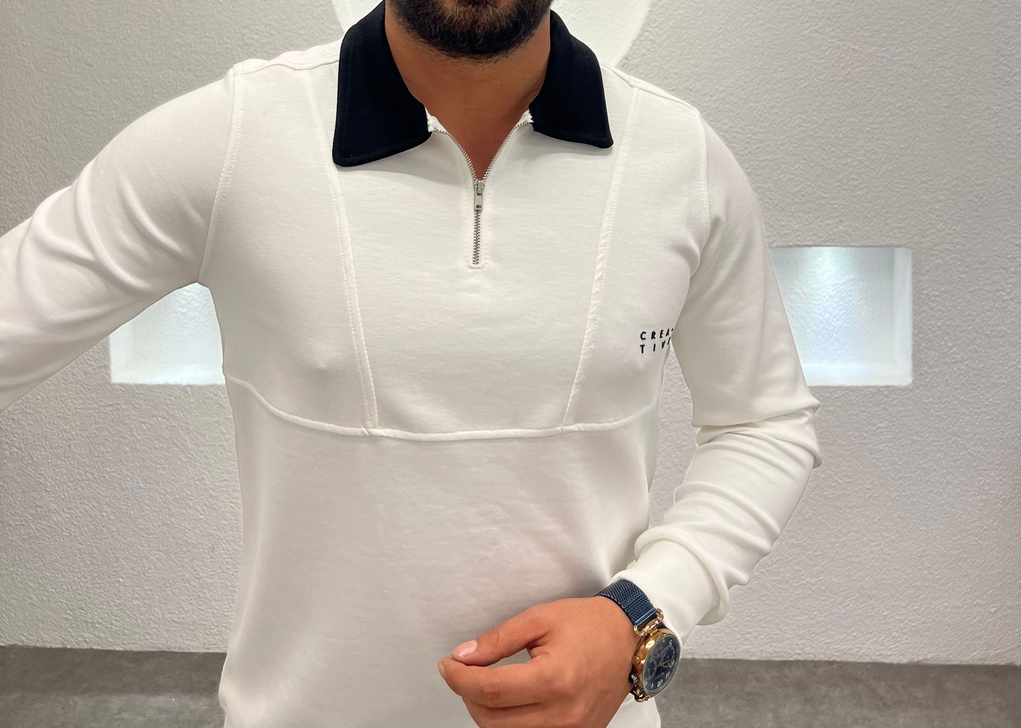 Polo Yaka Fermuarlı Pamuk Sweatshirt - Beyaz
