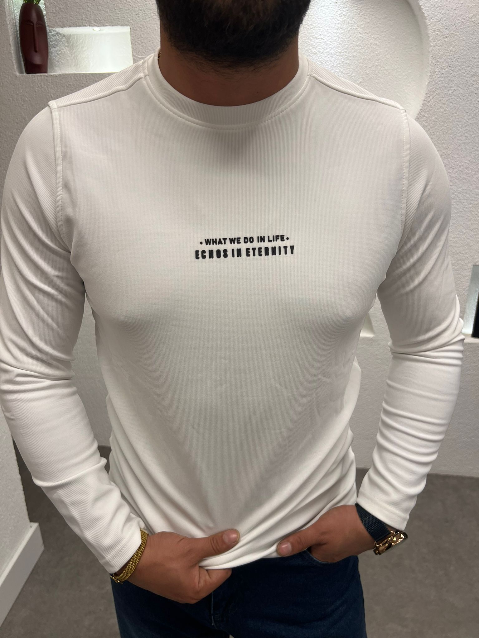 Baskılı Sıfır Yaka Slimfit Sweat Beyaz