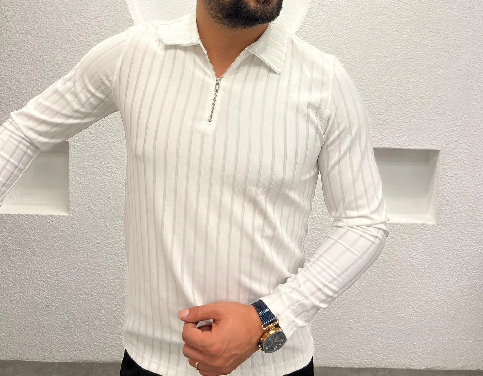 Polo Yaka Fermuarlı Erkek Sweatshirt - Beyaz