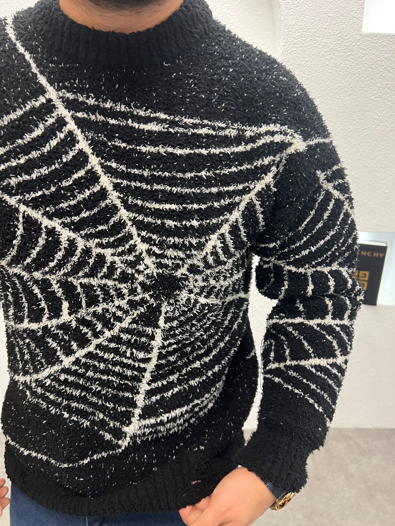 Baskılı Erkek Kalın Peluş Kazak Siyah