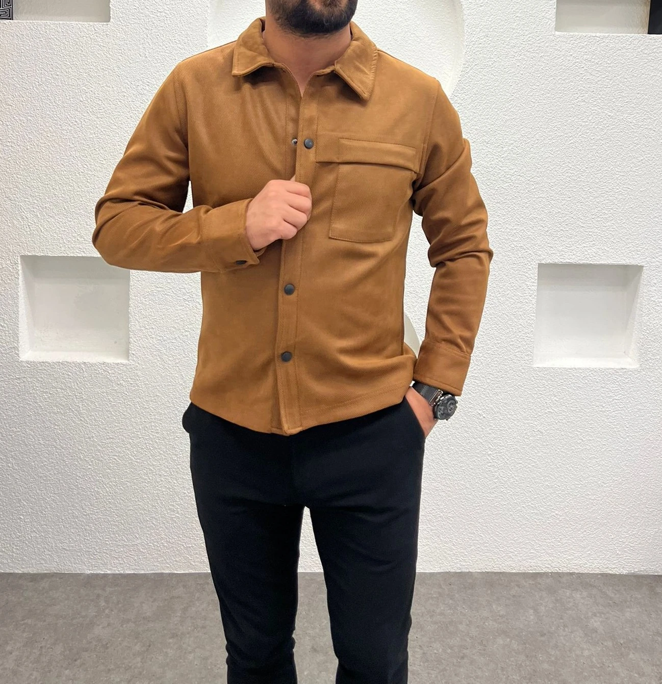 Nubuk Tek Kapama Cepli Erkek Taba Gömlek - Ceket
