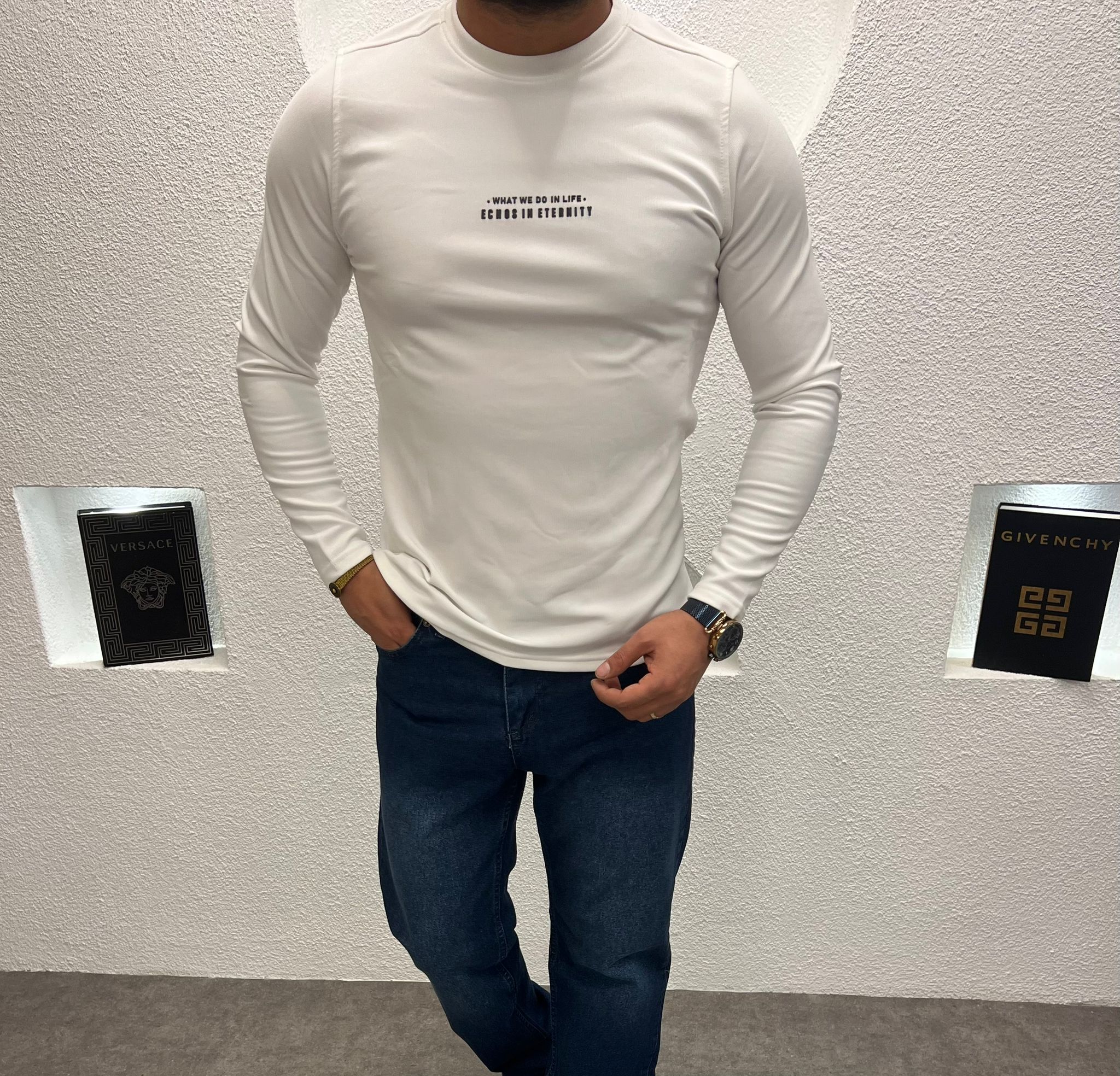 Baskılı Sıfır Yaka Slimfit Sweat Beyaz