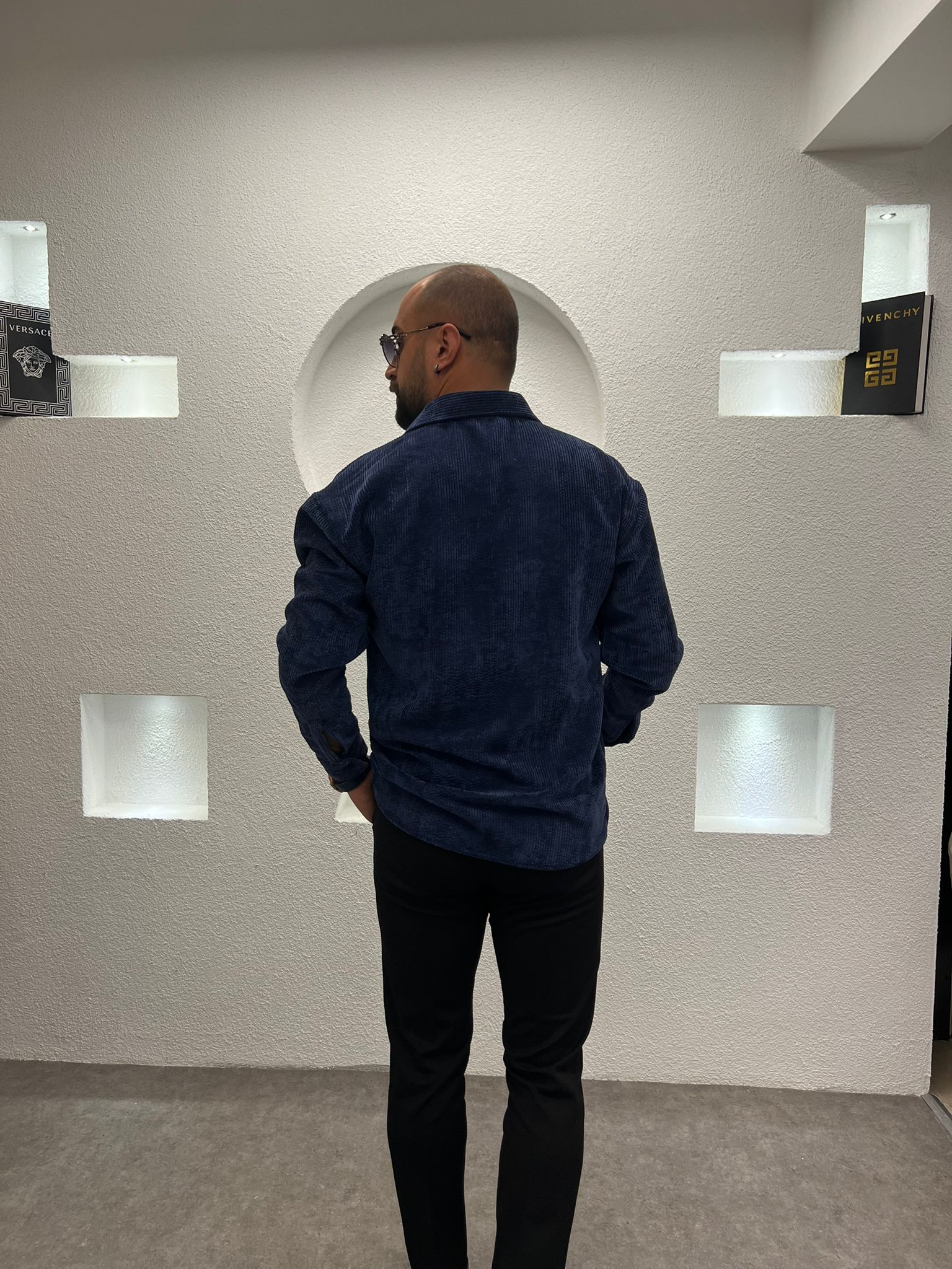 Erkek Oversize Lacivert Kadife Dokulu Uzun Kollu Gömlek 