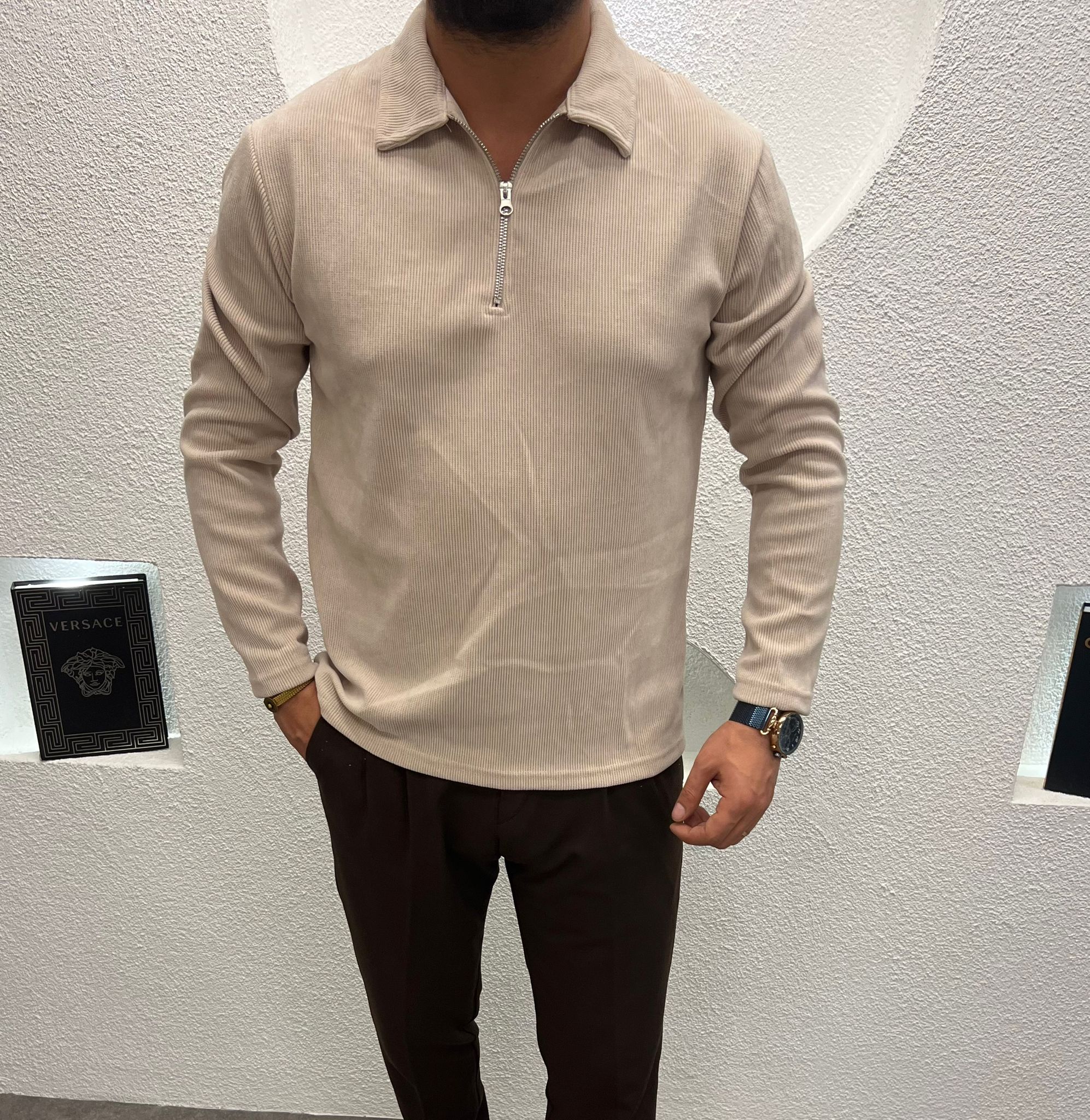 Yarım Fermuar İnce Fİtilli Kadife Kazak Krem