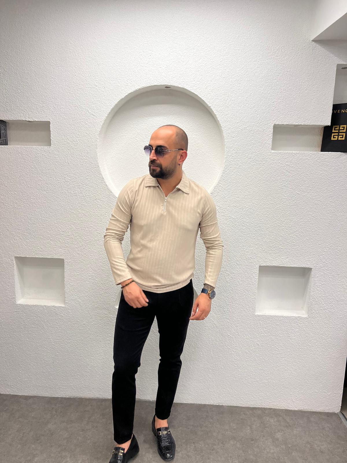 Polo Yaka Fermuarlı Erkek Sweatshirt - Krem