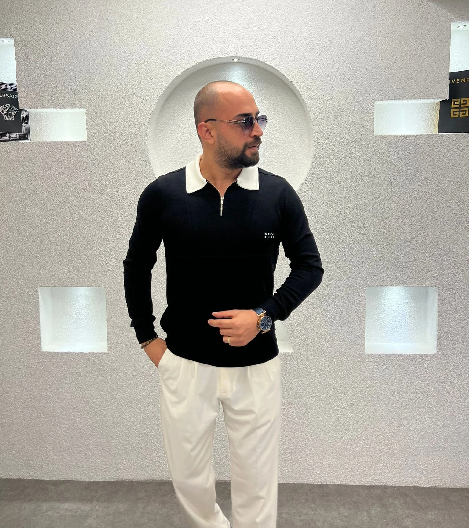 Polo Yaka Fermuarlı Pamuk Sweatshirt - Siyah