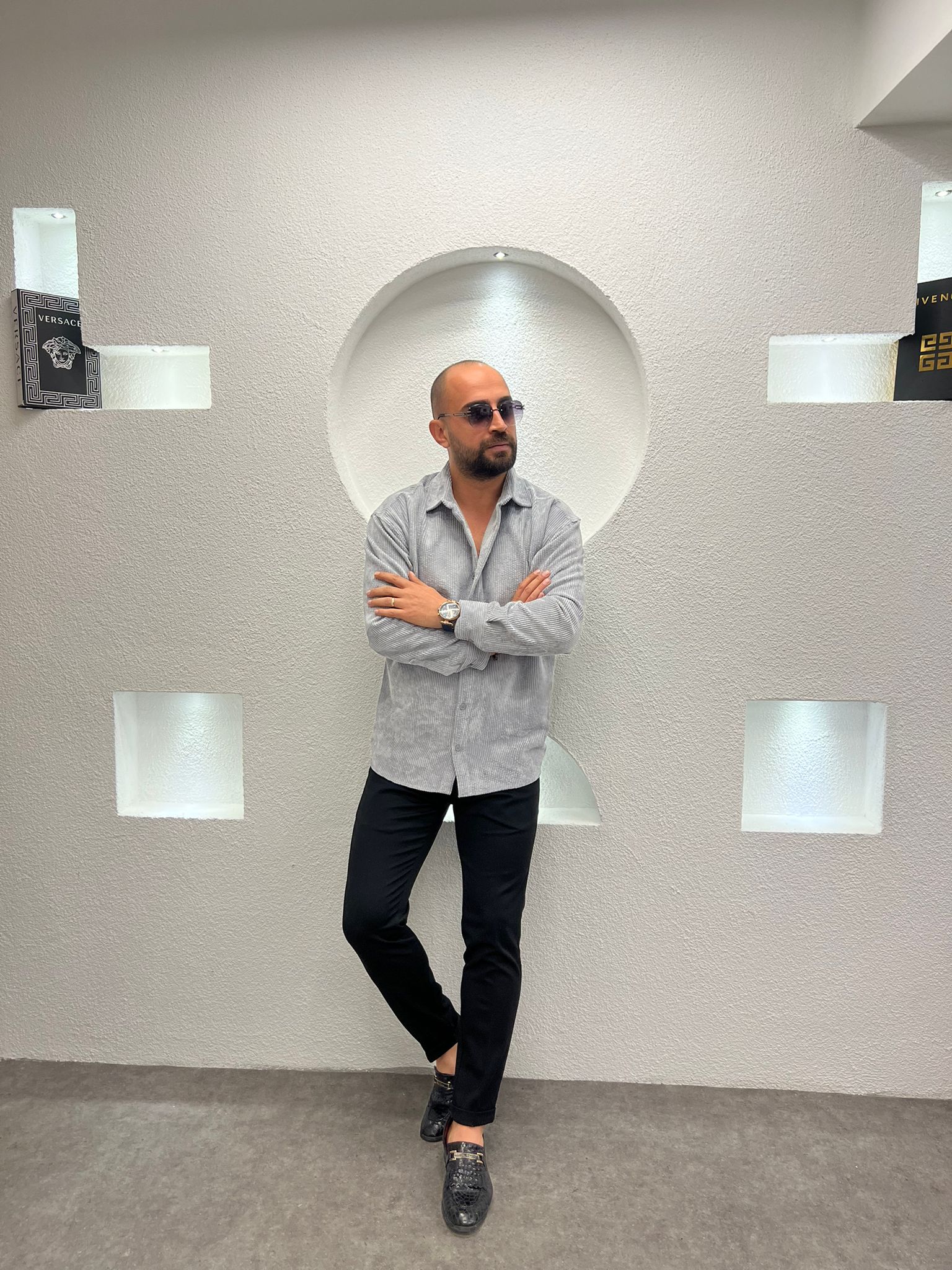 Erkek Oversize Gri Kadife Dokulu Uzun Kollu Gömlek