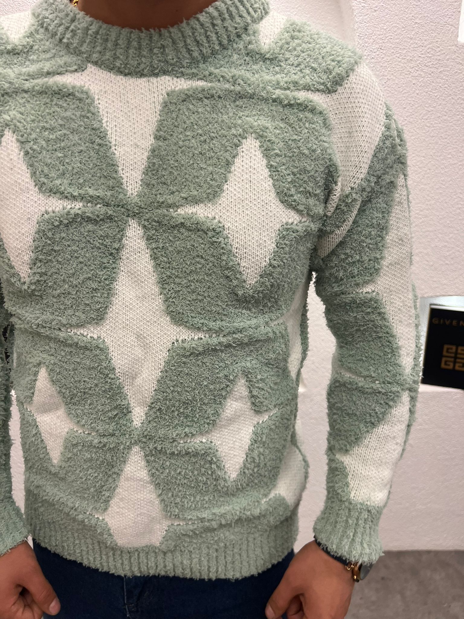 Desenli Peluş Erkek Kalın Kazak Yeşil 