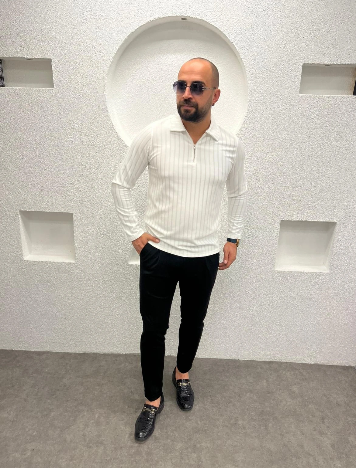 Polo Yaka Fermuarlı Erkek Sweatshirt - Beyaz