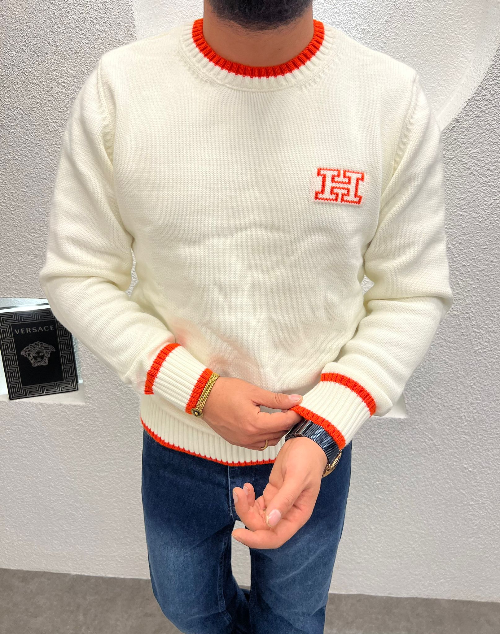 Ön Logo Baskılı Ribanalı Kalın Triko Kazak Beyaz