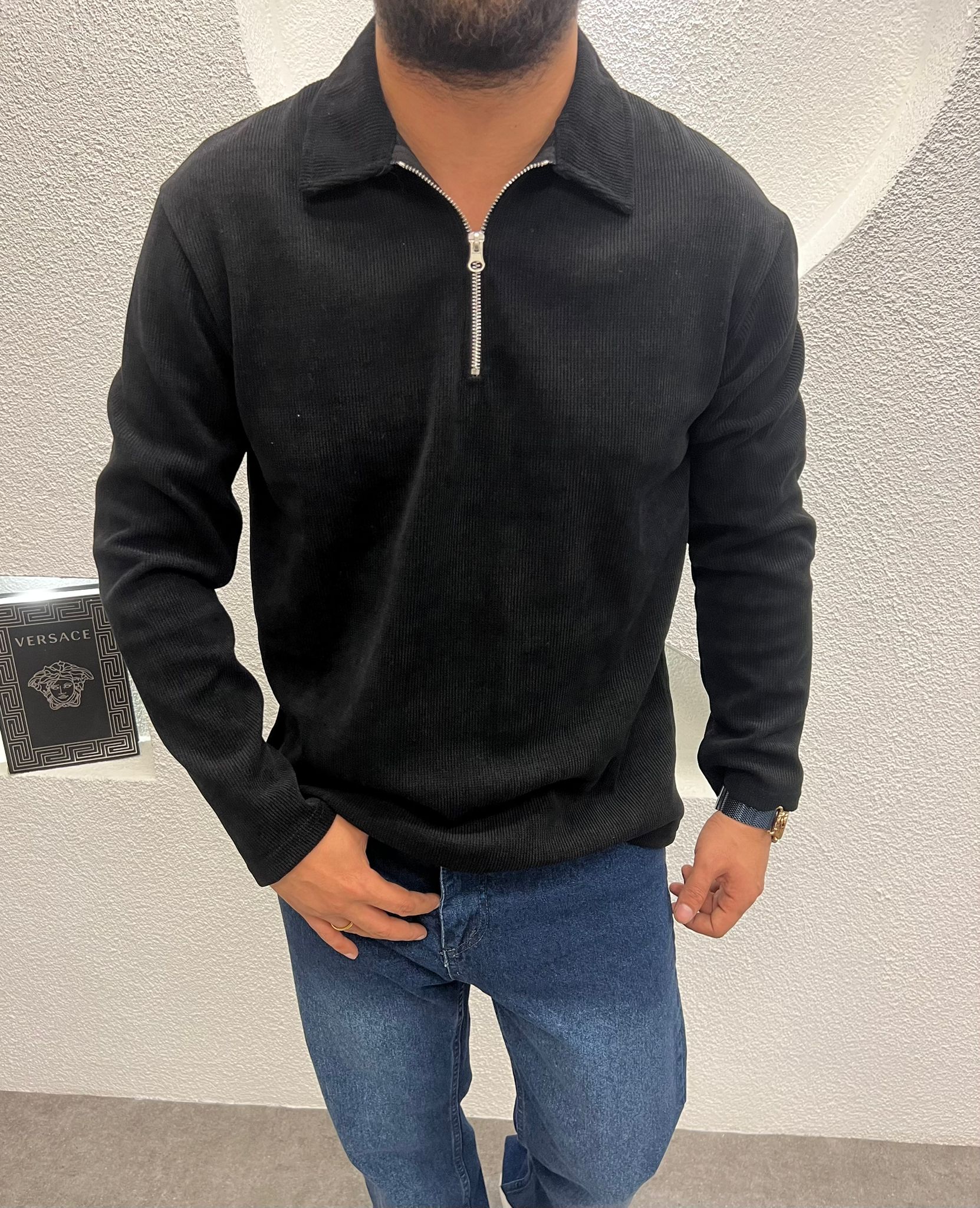 Yarım Fermuar İnce Fİtilli Kadife Kazak Siyah