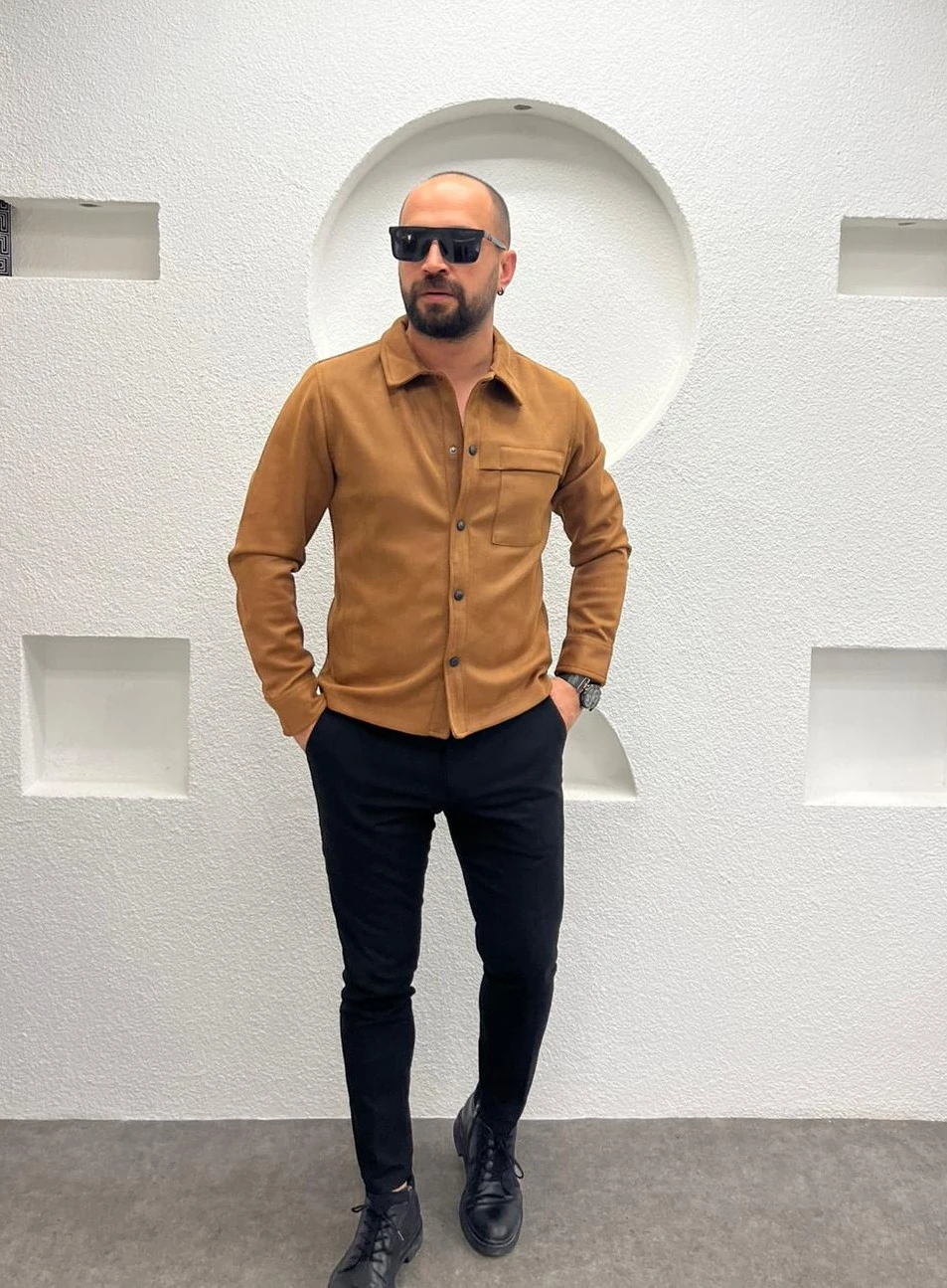 Nubuk Tek Kapama Cepli Erkek Taba Gömlek - Ceket