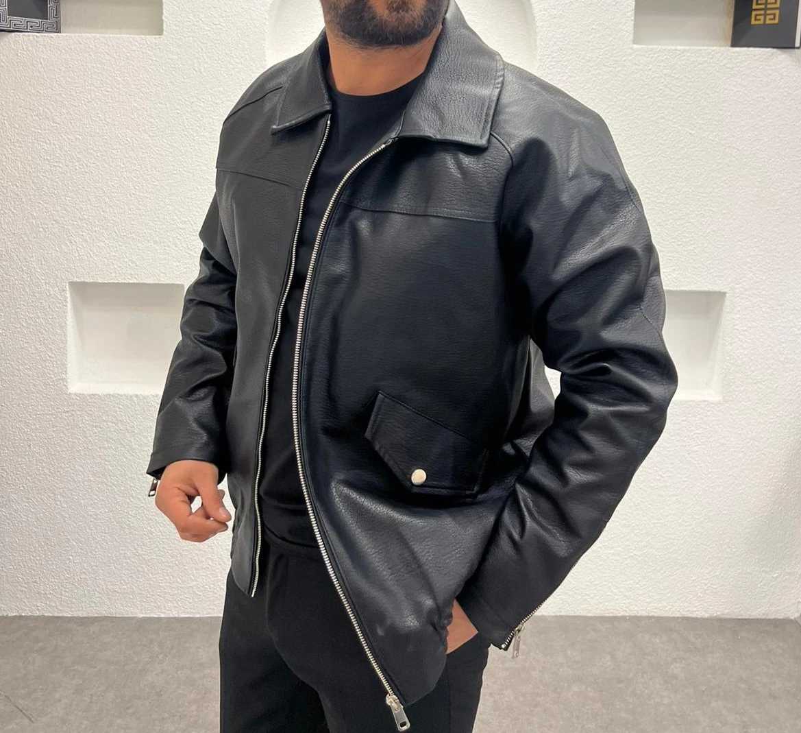 Oversize Deri Mont - Siyah 