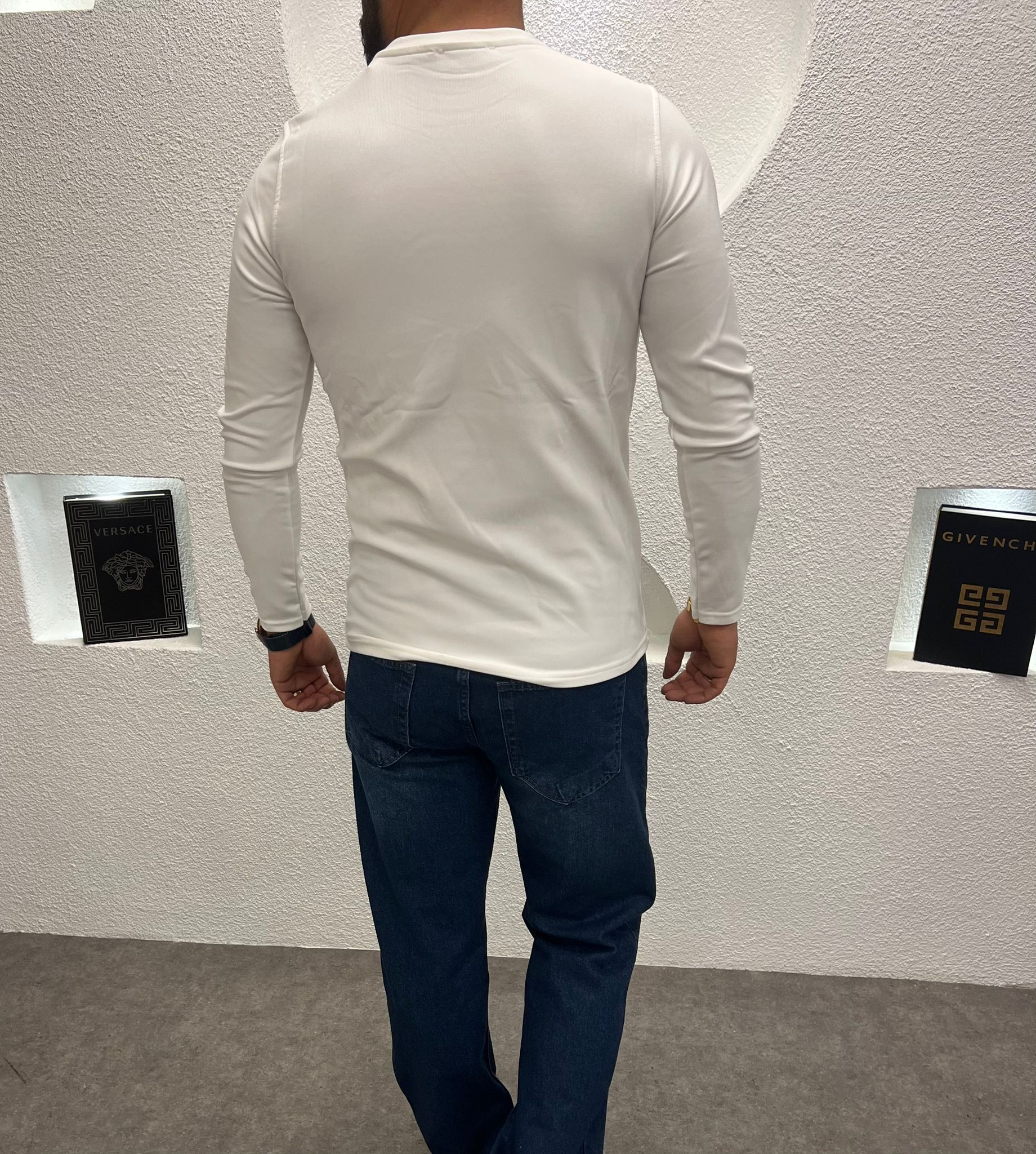 Baskılı Sıfır Yaka Slimfit Sweat Beyaz