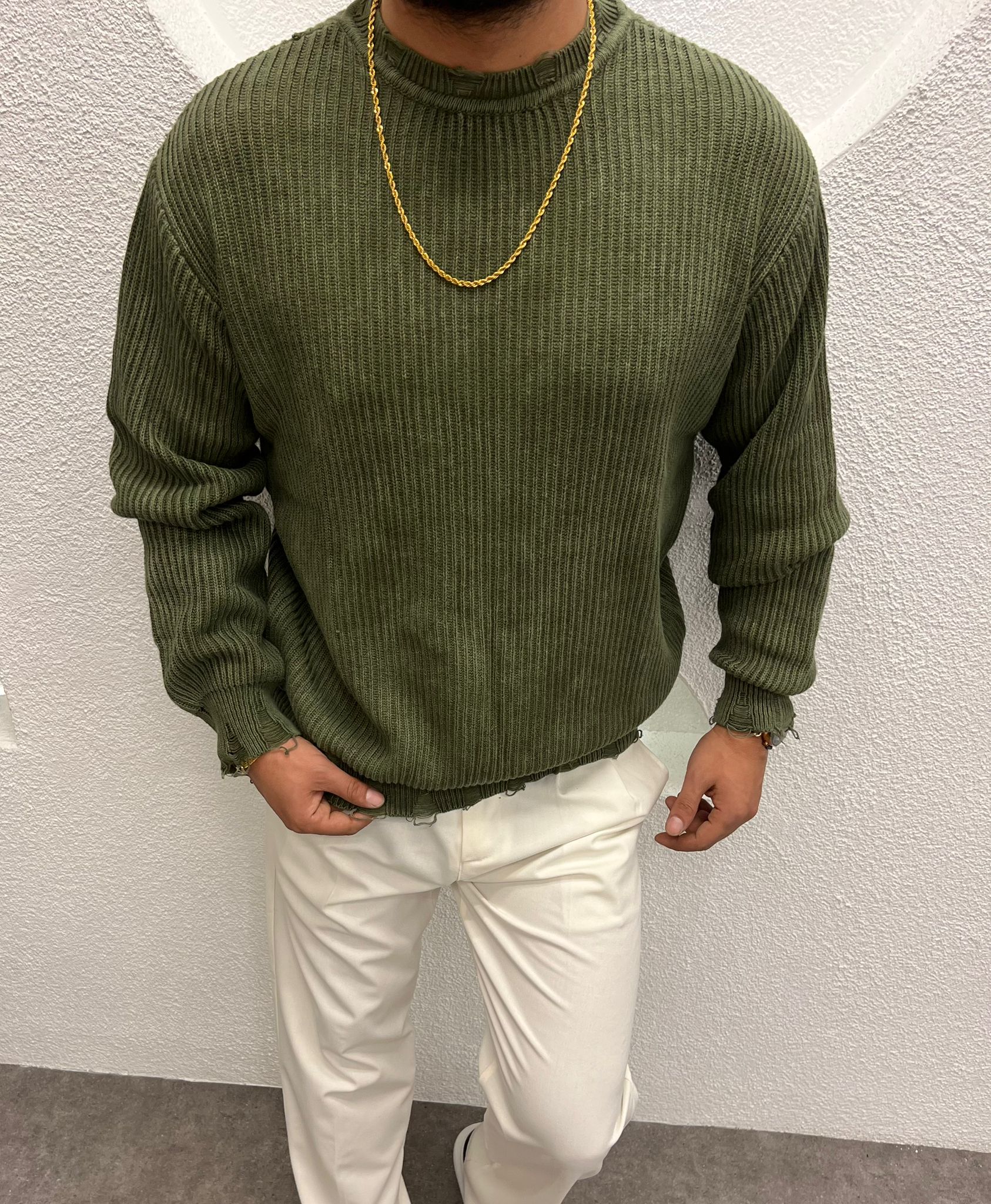 Yıkamalı Lazer Kesim Kalın Triko Kazak Haki