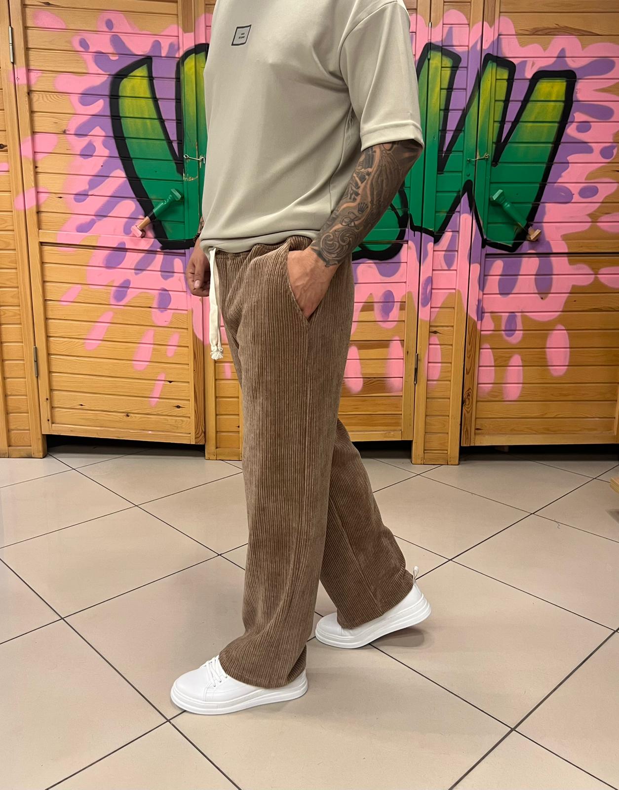 Kadife Kumaş Vizon Pantolon Baggy Kalıp