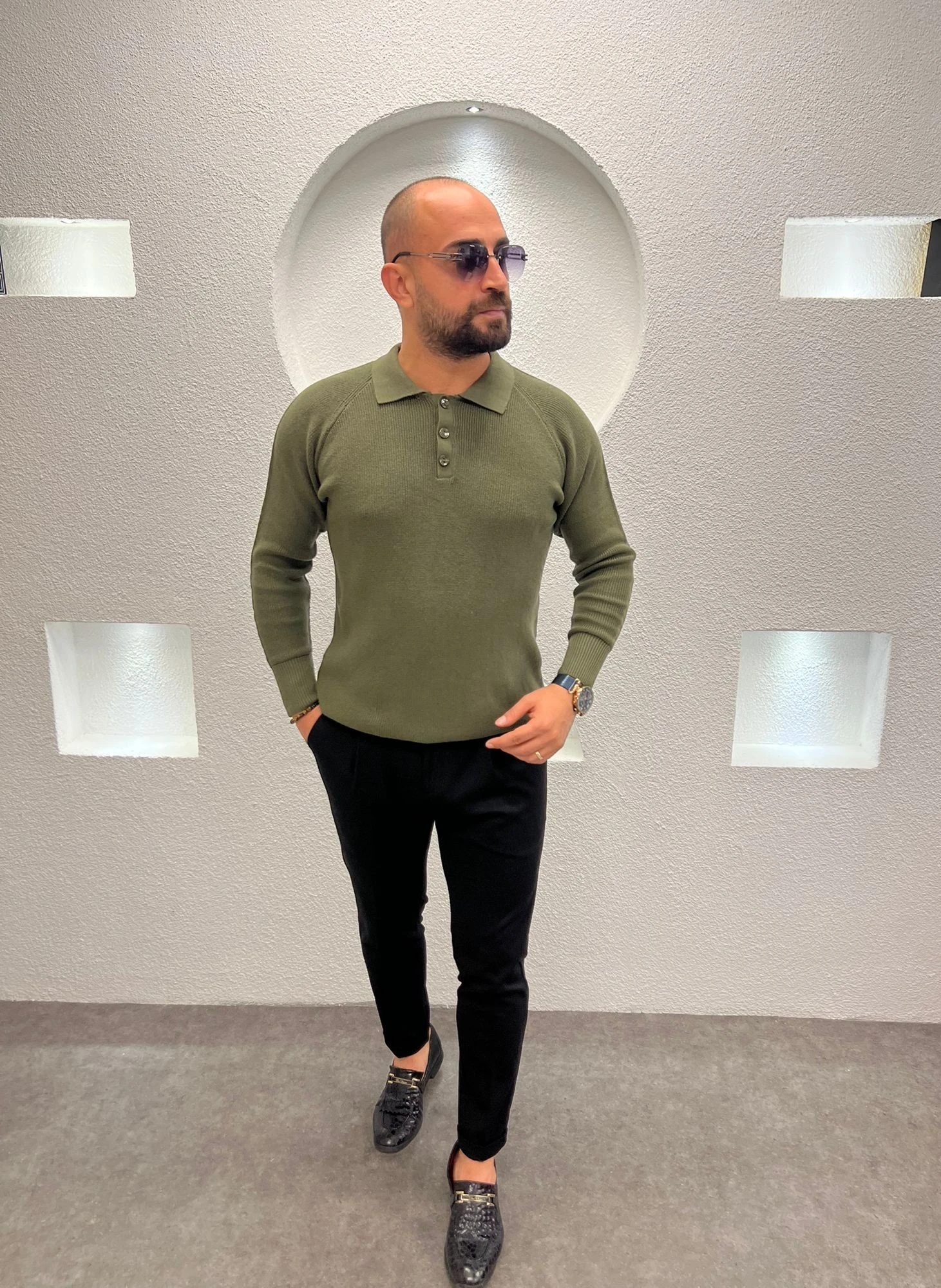 Erkek Regular Fit Düğme Detaylı Pola Yaka Triko Kazak - Yeşil