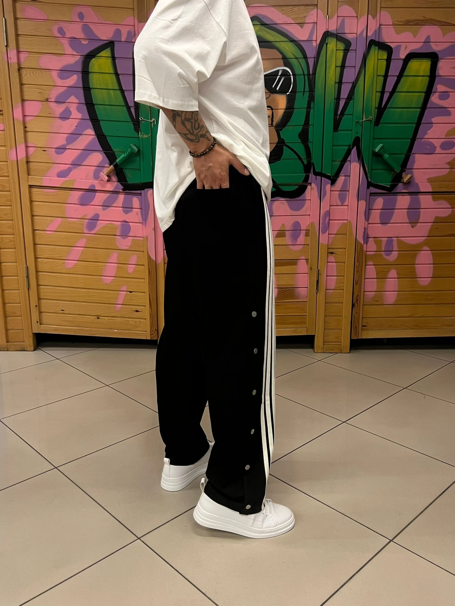 Şeritli Baggy Kalıp Siyah Eşofman Altı