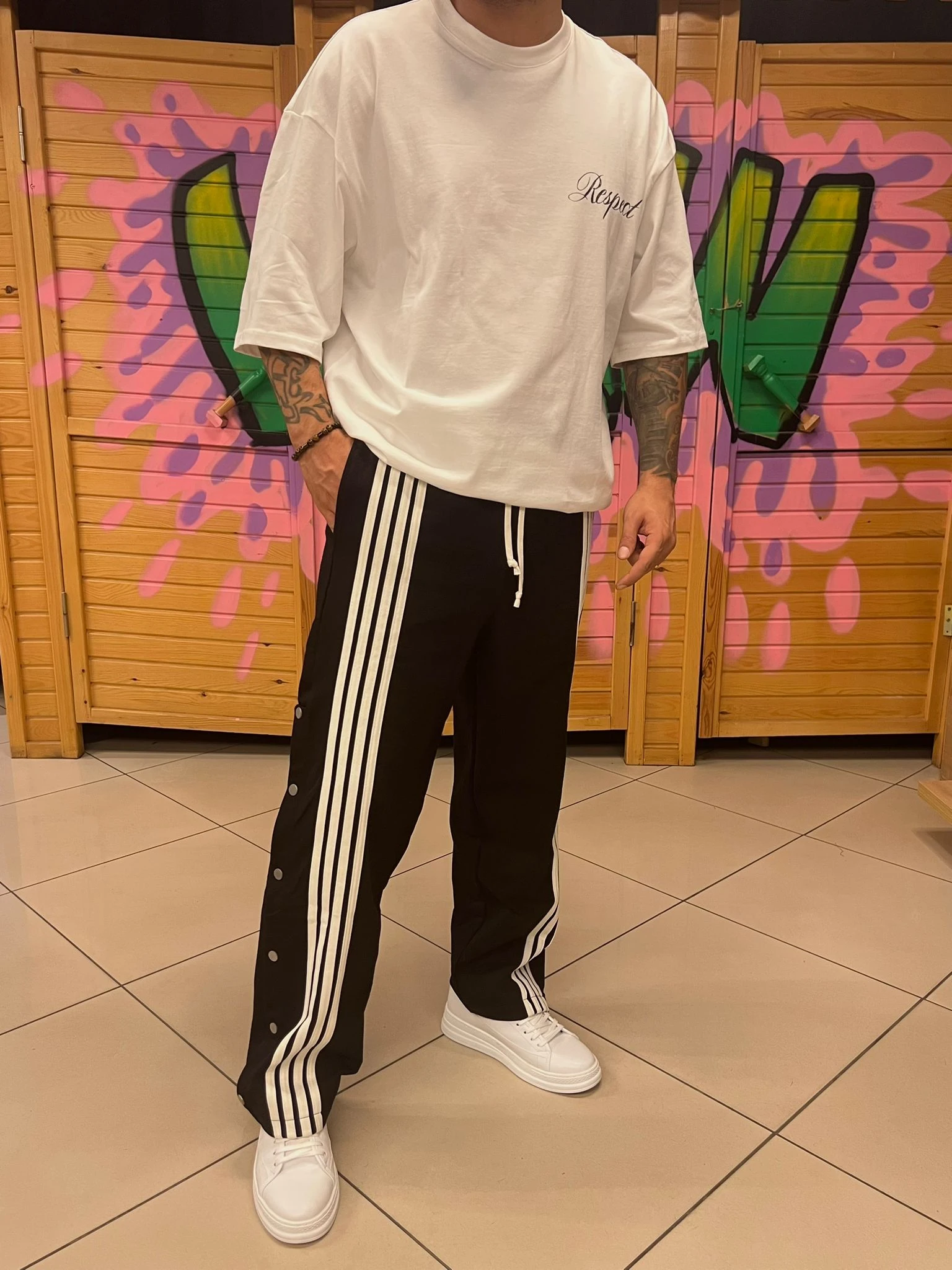 Şeritli Baggy Kalıp Siyah Eşofman Altı