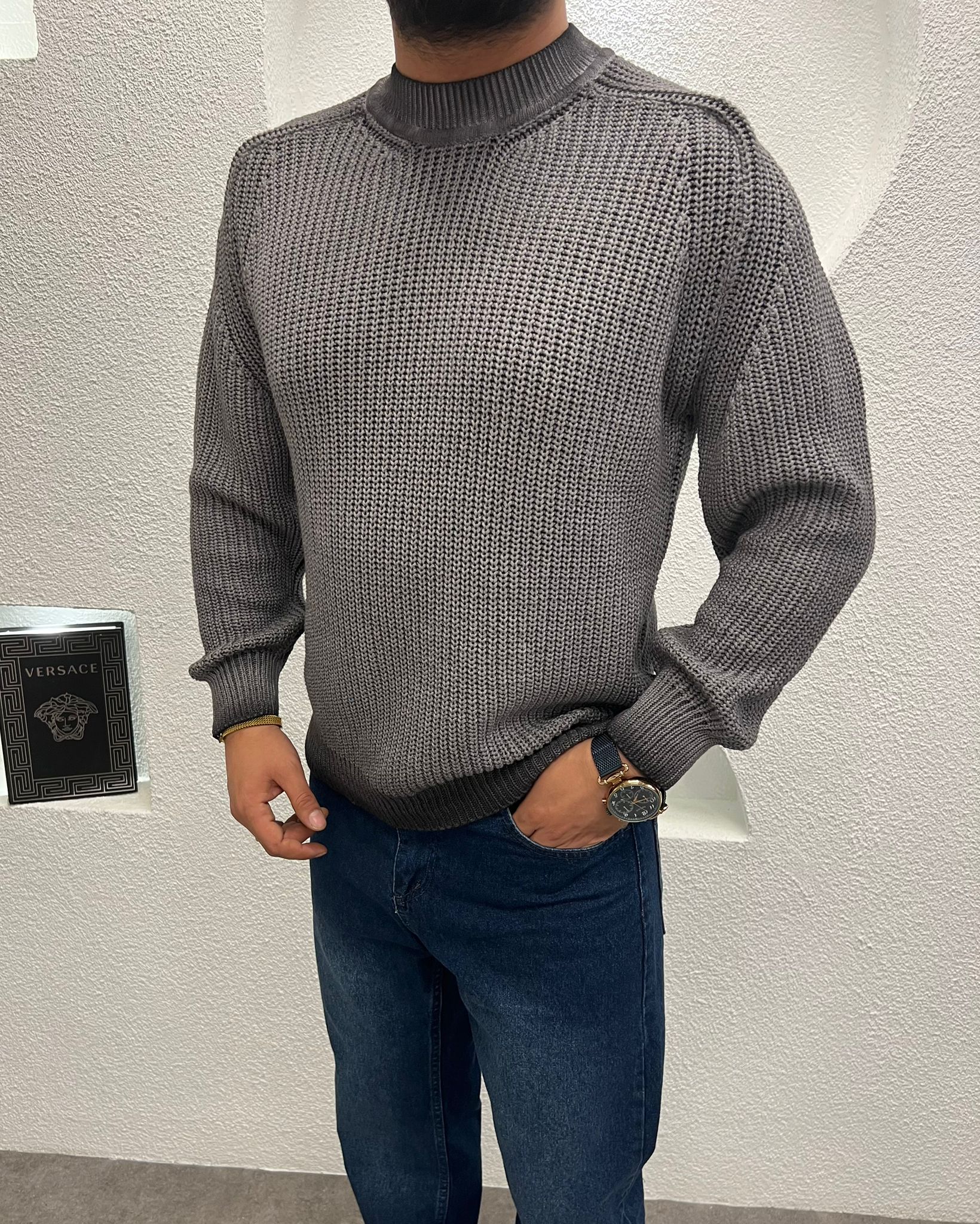 Yıkamalı Efekt Sıfır Yaka Kalın Örme Triko Kazak