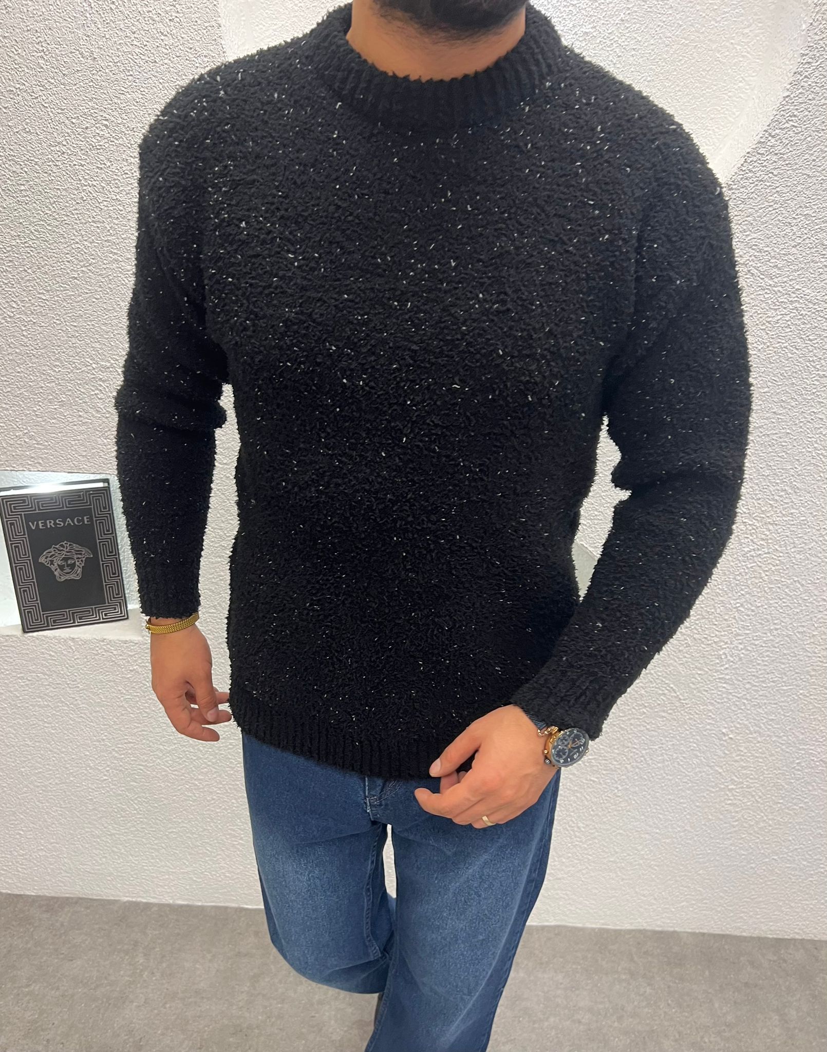 Erkek Kışlık Peluş Kazak Siyah