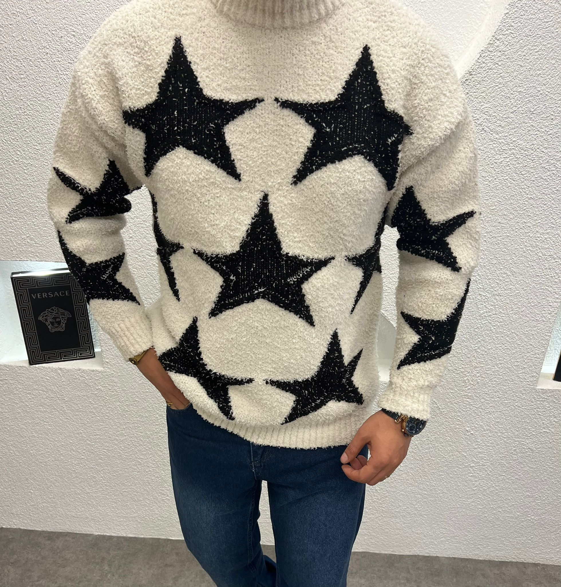 Baskılı Peluş Kumaş Kalın Erkek Kazak