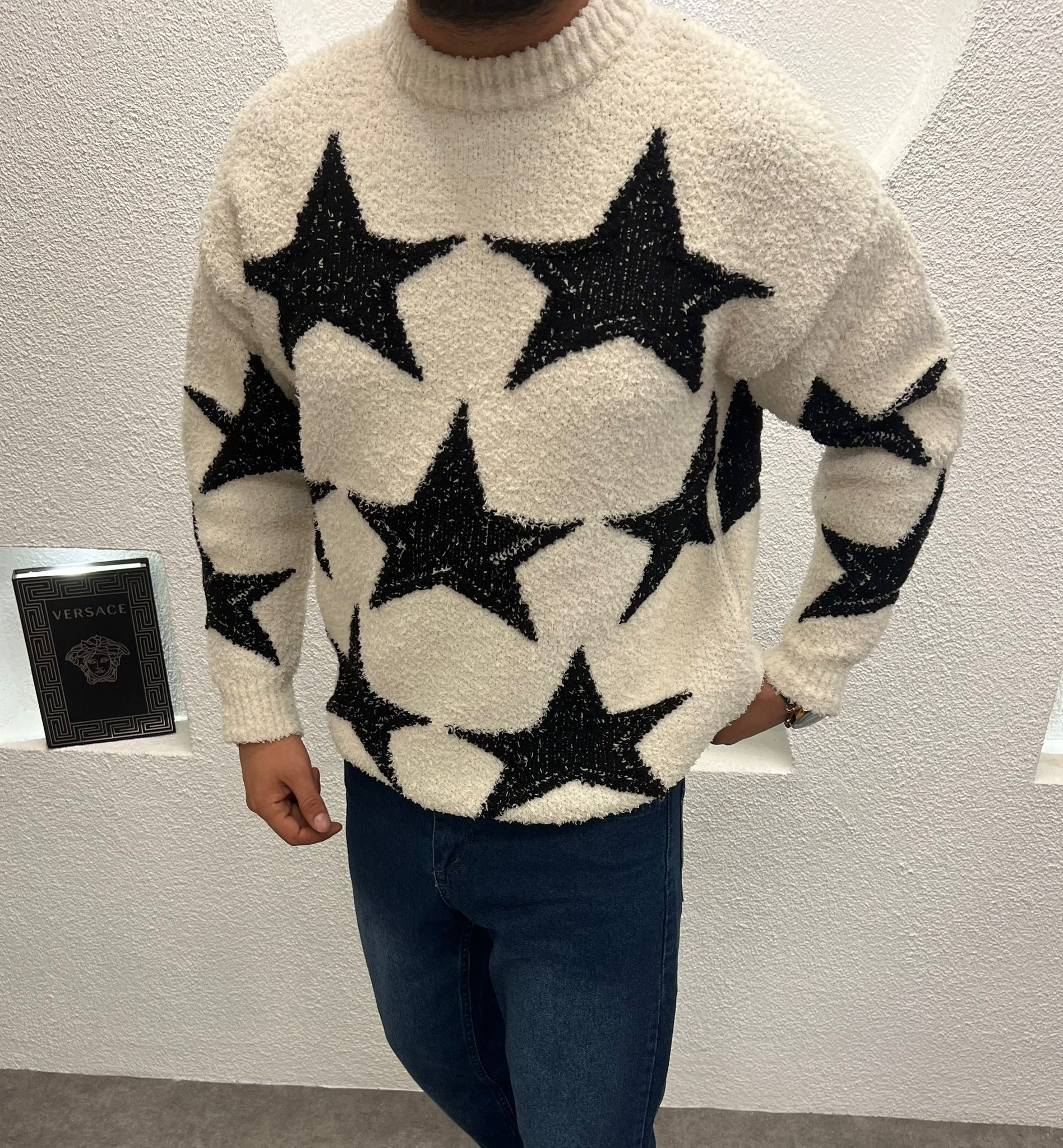 Baskılı Peluş Kumaş Kalın Erkek Kazak