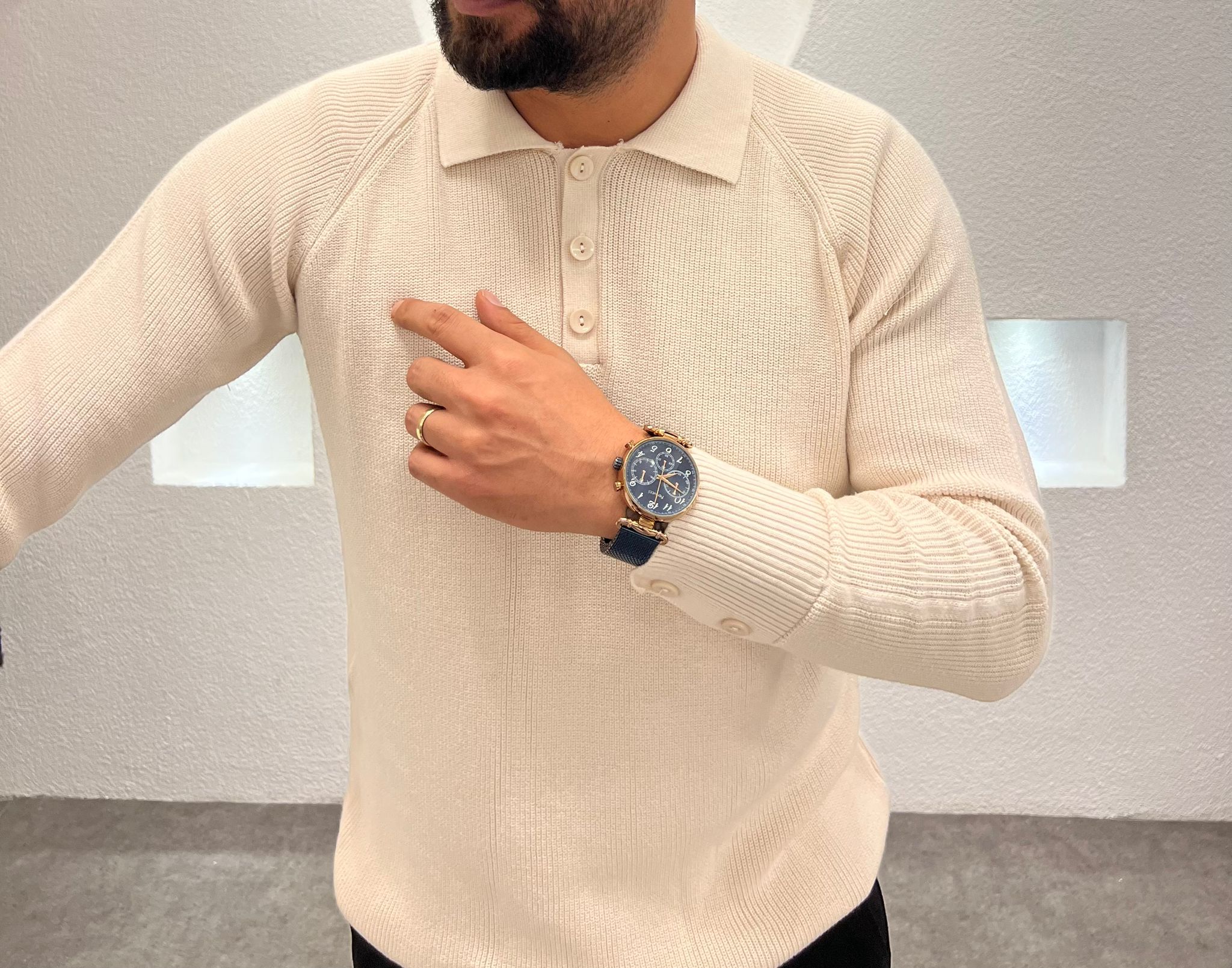 Erkek Regular Fit Düğme Detaylı Pola Yaka Triko Kazak - Krem