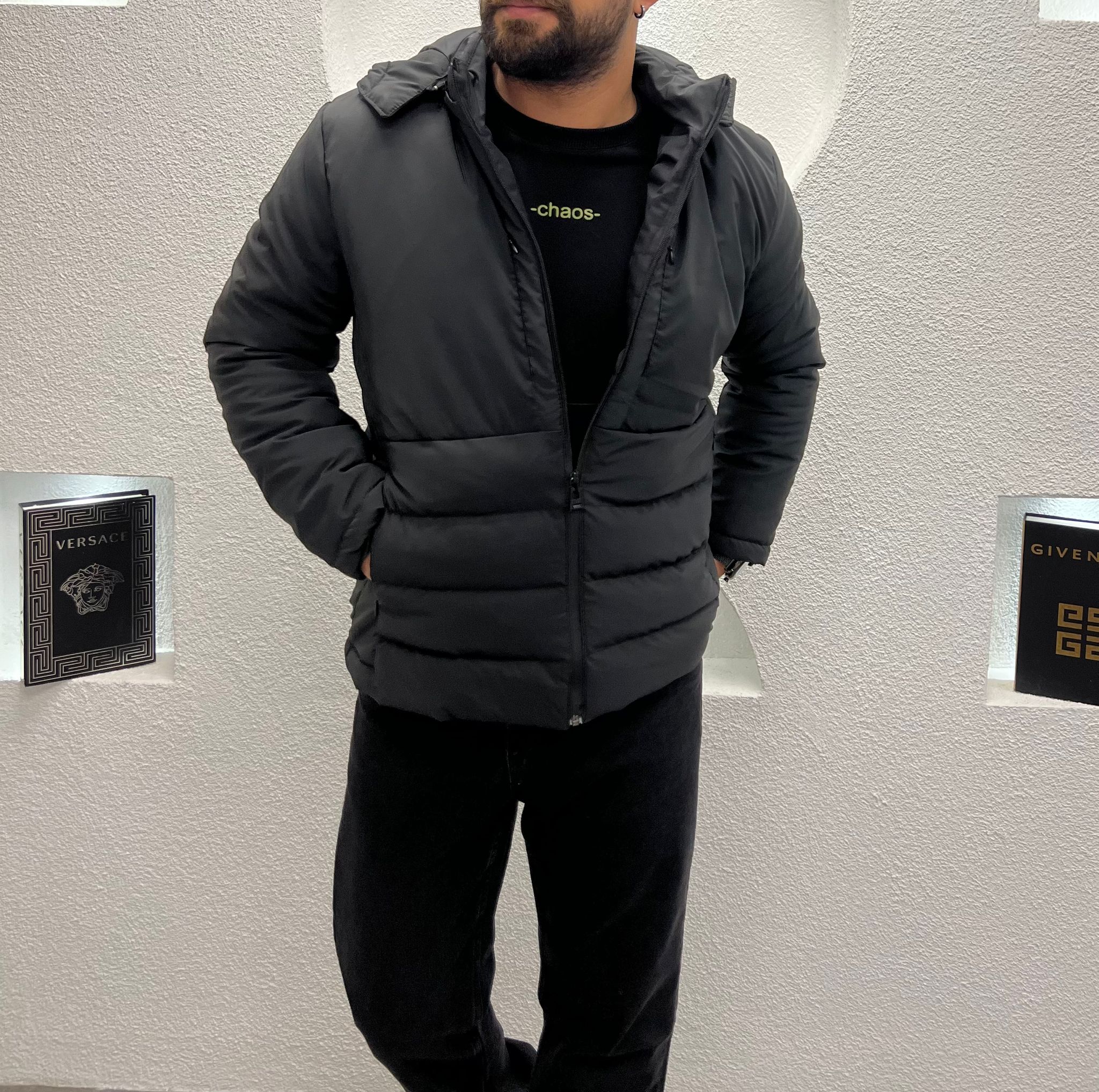 Kapüşonlu Erkek Şişme Mont Siyah