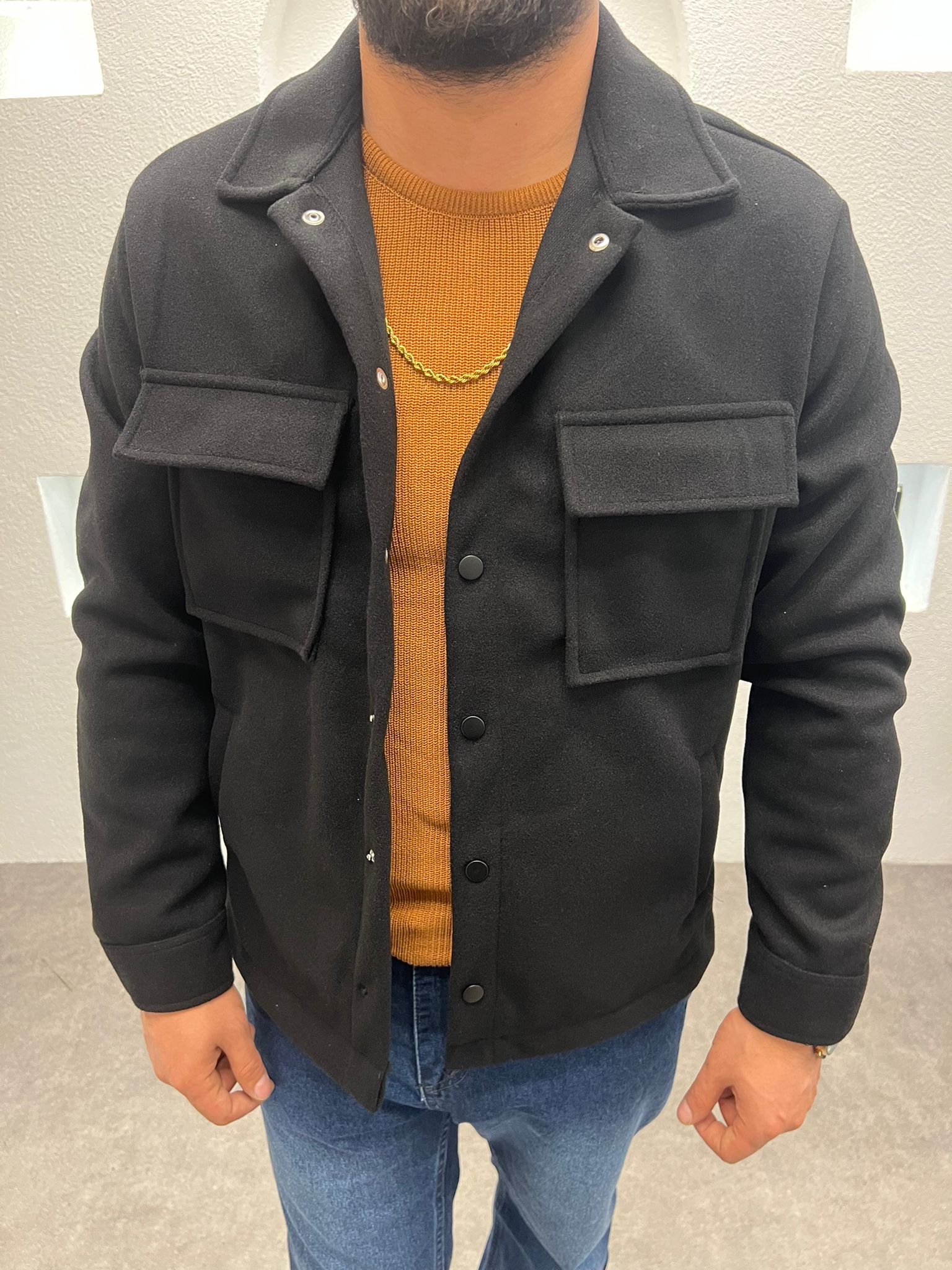 Erkek Kaşe Kumaş Cepli Shacket Ceket Siyah