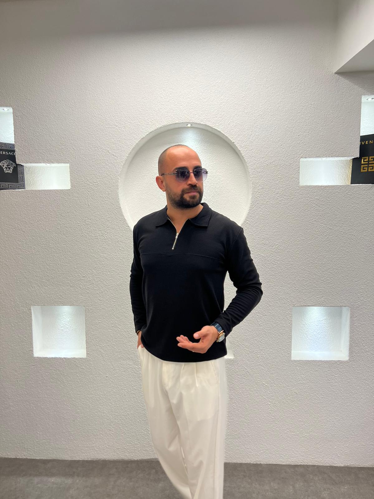 Fit Kalıp Uzun Kol Yarım Fermuarlı ince Likralı Kazak Body - Siyah