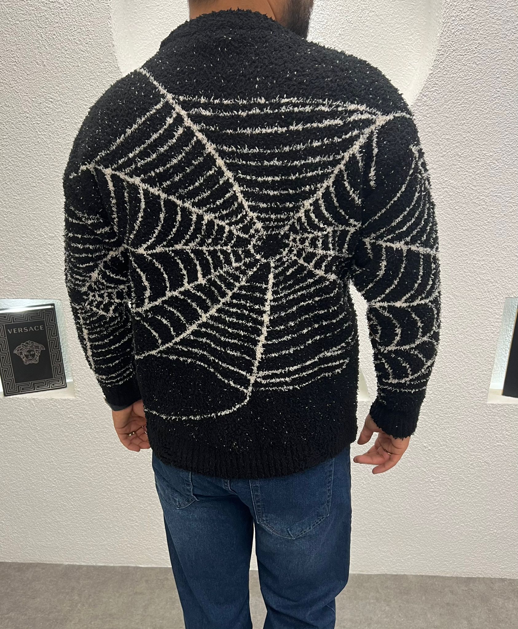 Baskılı Erkek Kalın Peluş Kazak Siyah