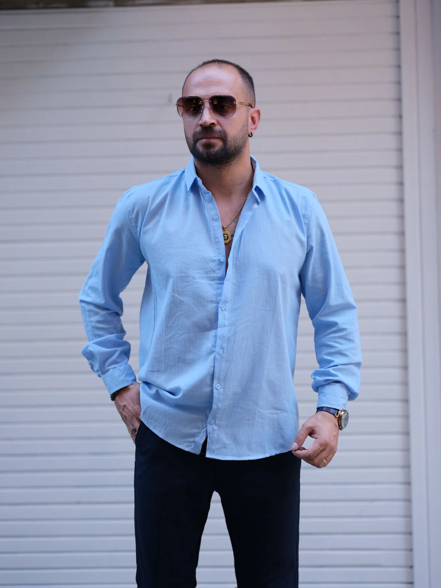 Slim Fit Buz Mavi Uzun Kol Gömlek (CHB 10005