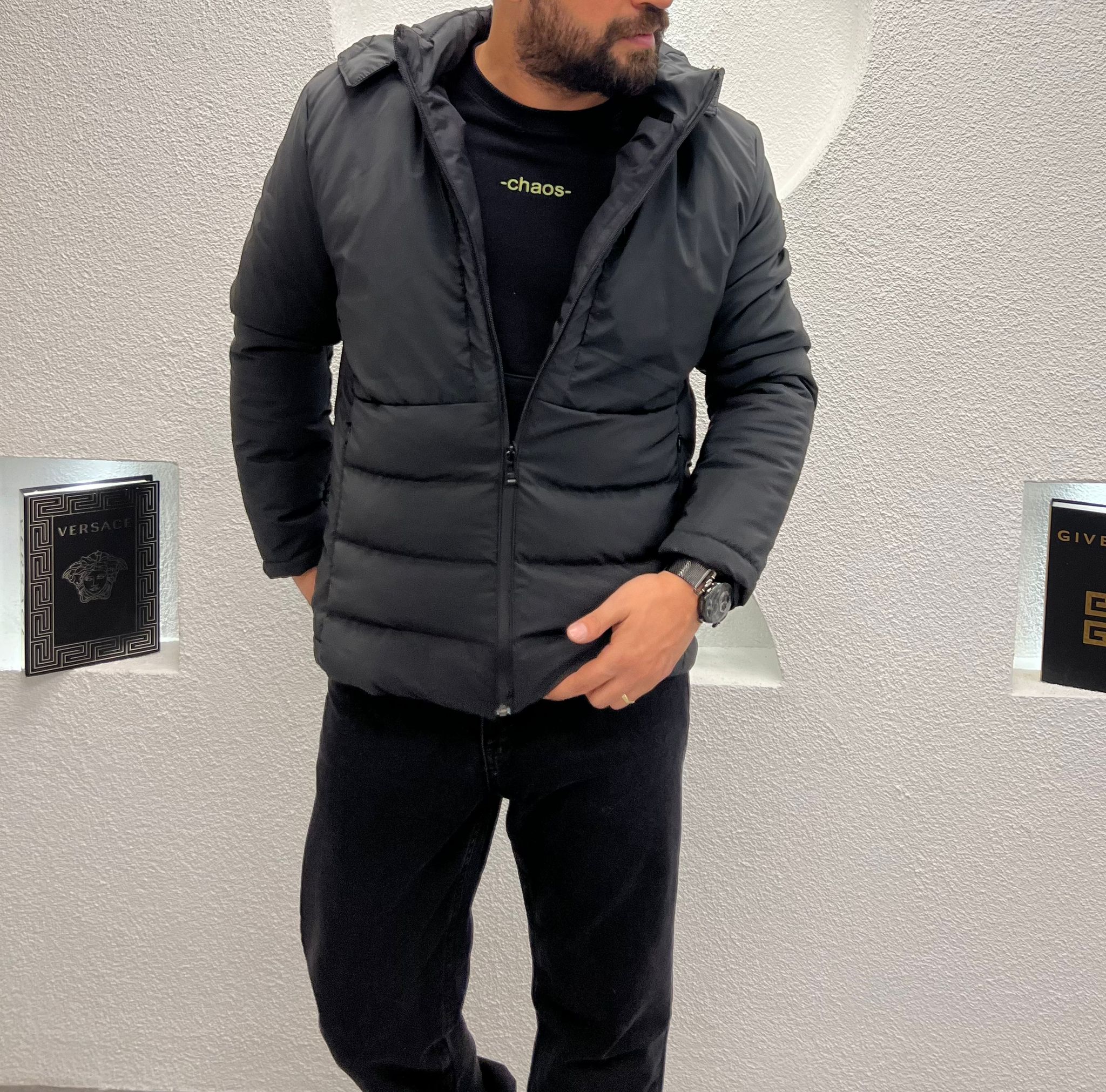 Kapüşonlu Erkek Şişme Mont Siyah