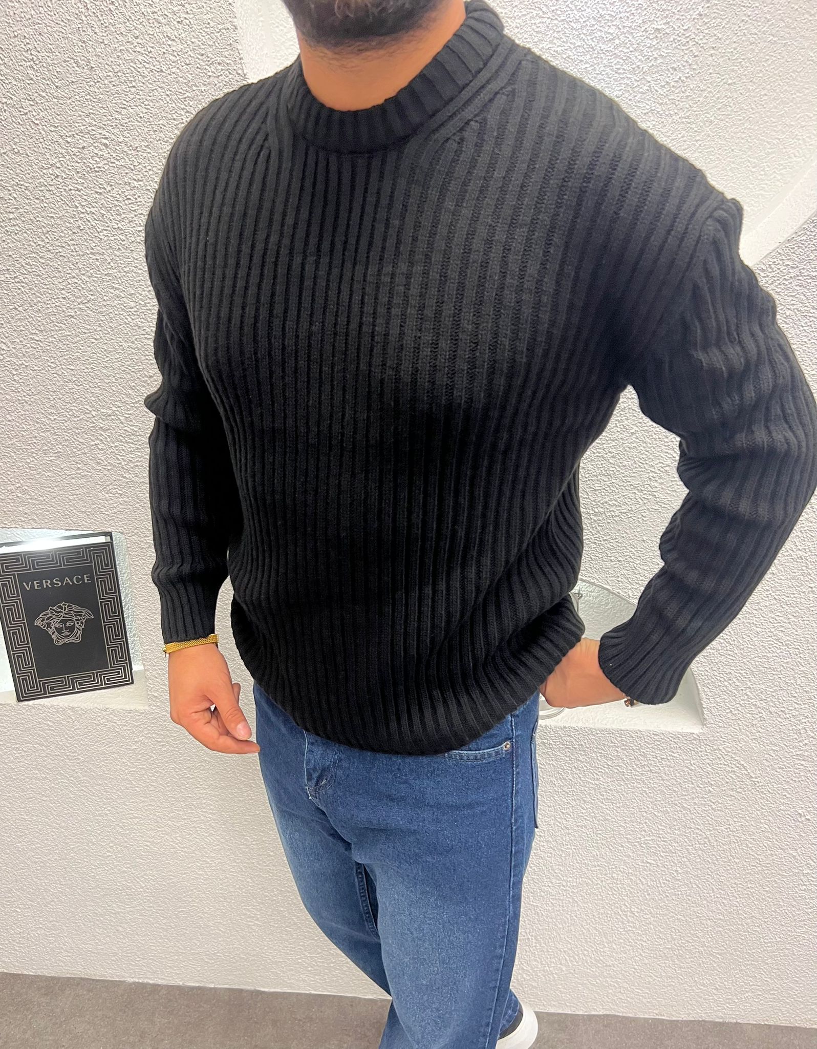 Bisiklet Yaka Kalın Triko Kazak Siyah