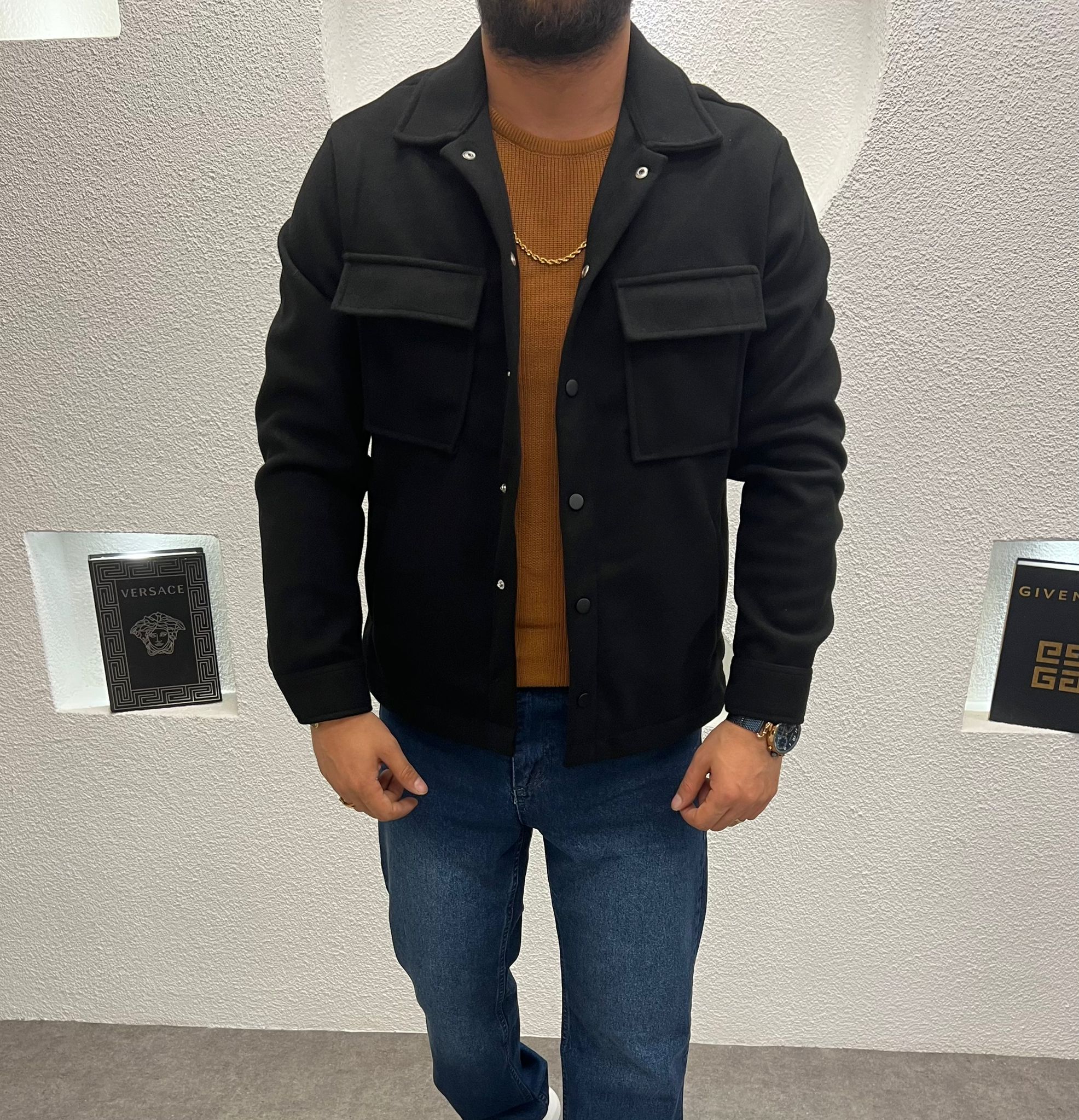 Erkek Kaşe Kumaş Cepli Shacket Ceket Siyah
