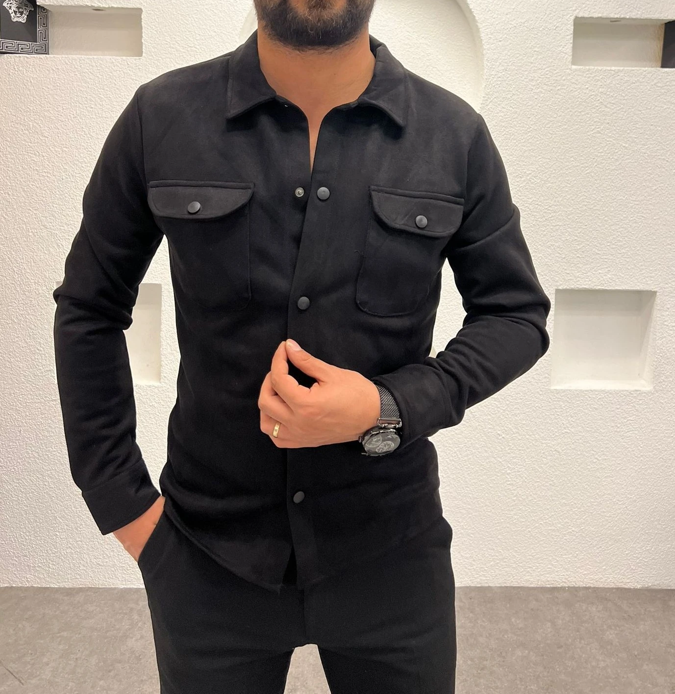 Nubuk Çift Cepli Erkek Siyah Gömlek - Ceket 