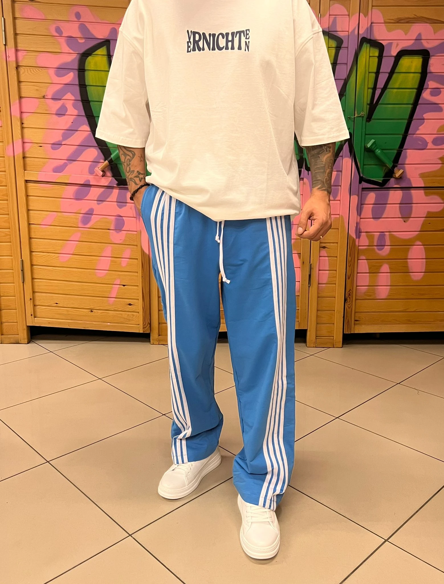 Şeritli Baggy Kalıp Mavi Eşofman Altı